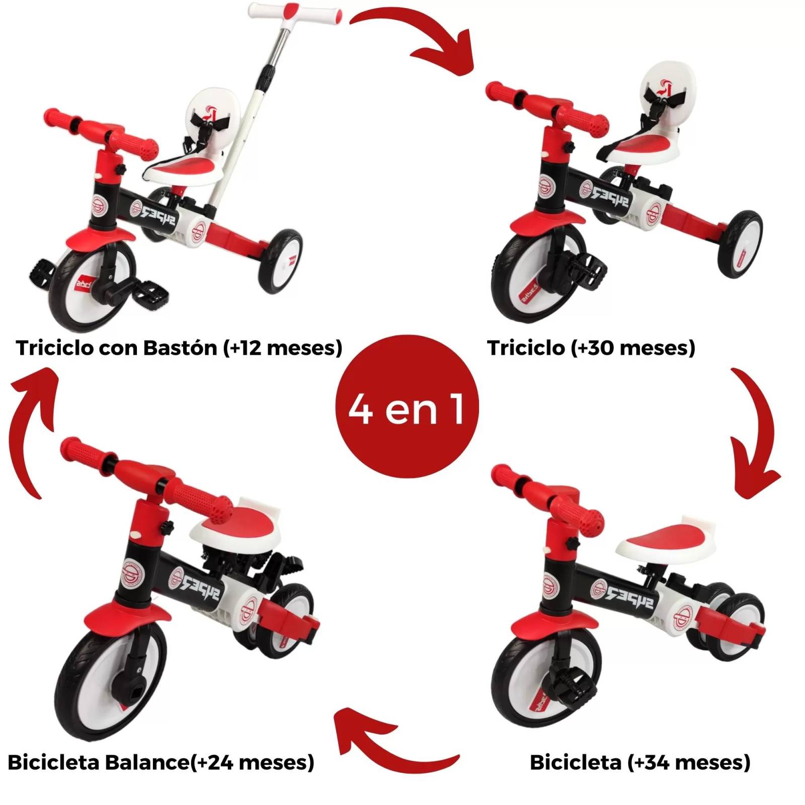 Triciclo para Niños 4 en 1 Bicicleta de Equilibrio y Balance  - Rojo.