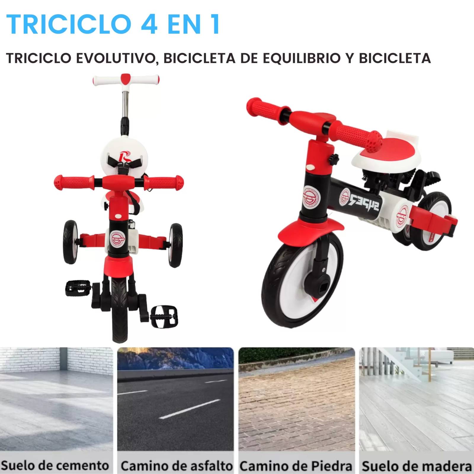 Triciclo para Niños 4 en 1 Bicicleta de Equilibrio y Balance  - Rojo.