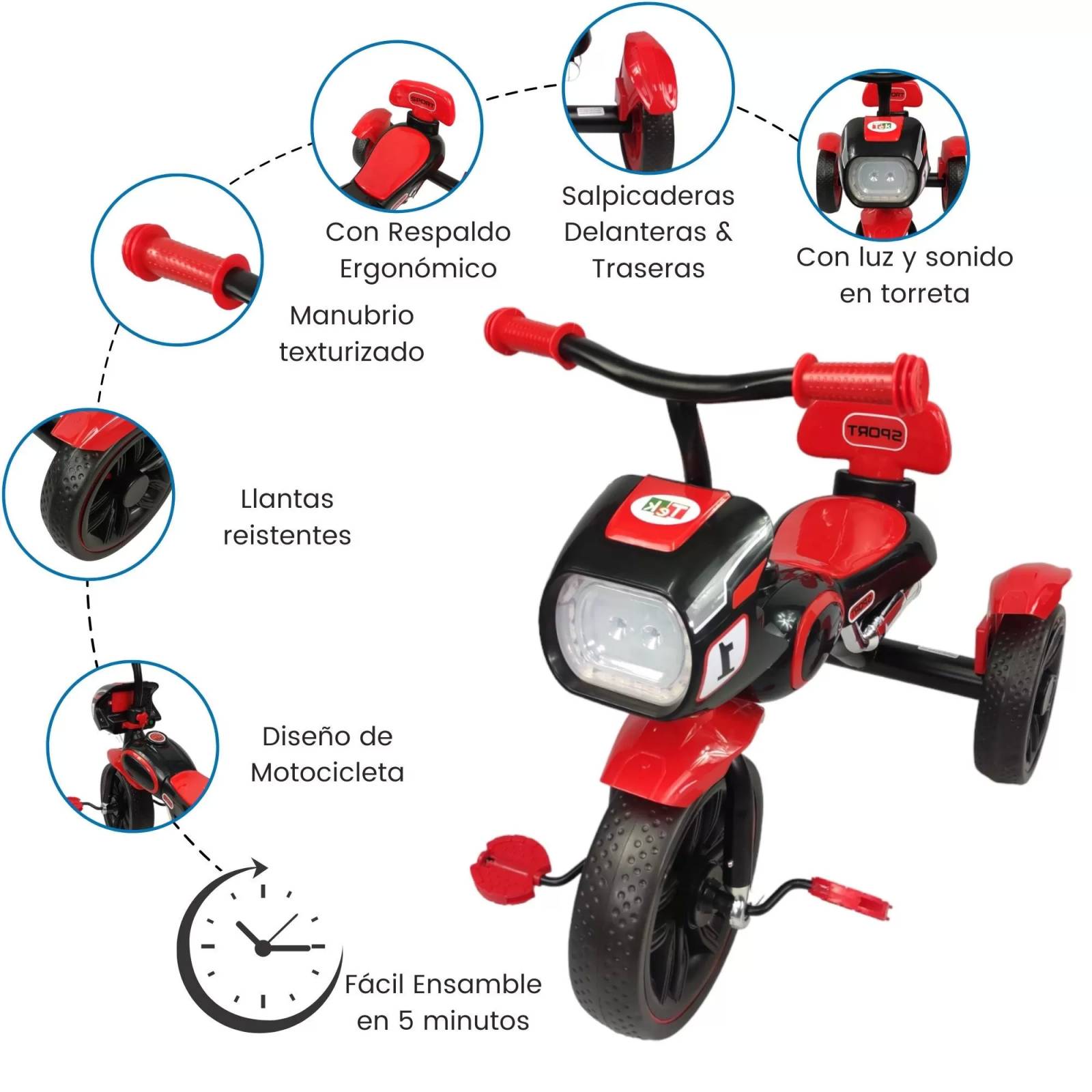 Triciclo para Niños diseño de Motocicleta y Con Luz y Sonido  - Rojo.