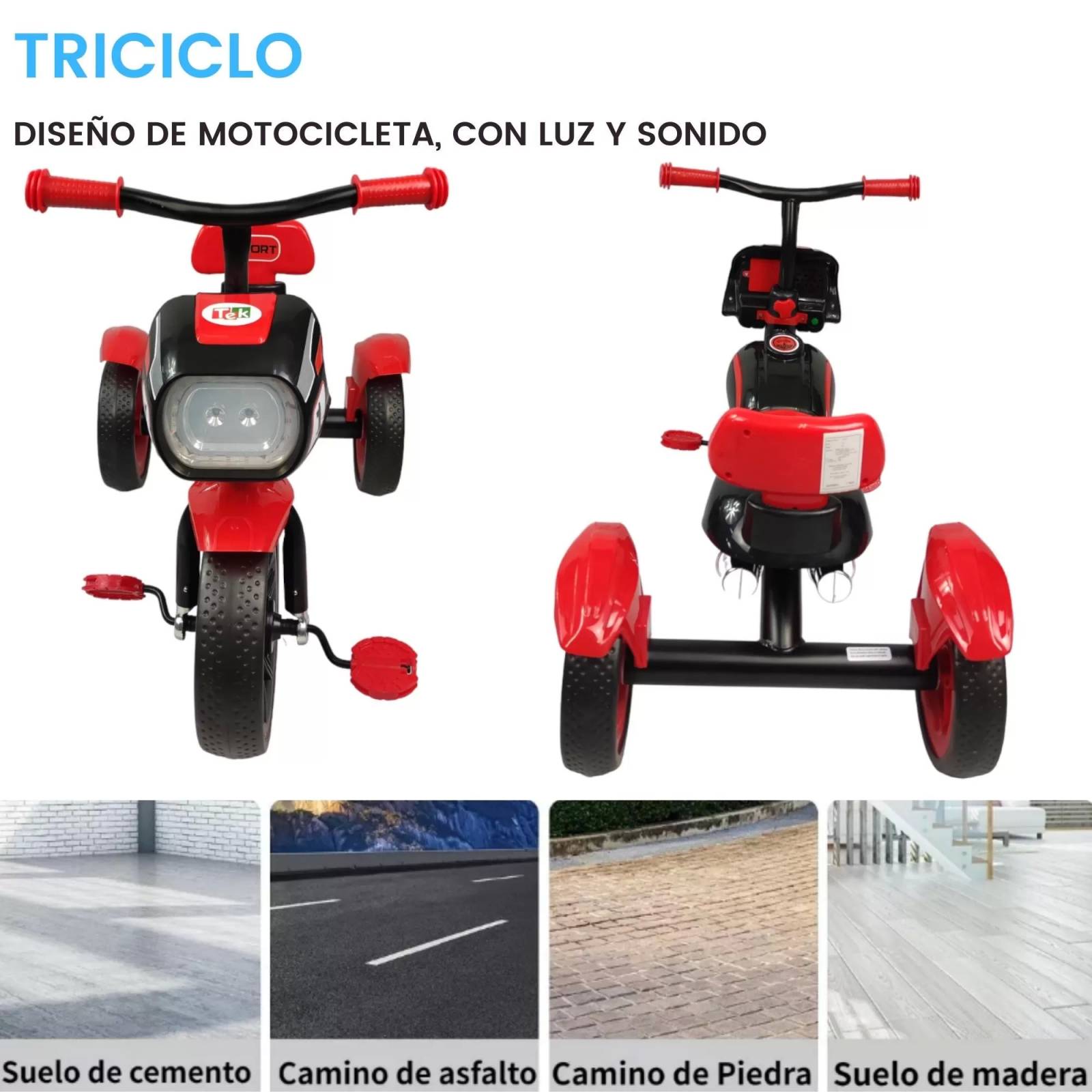 Triciclo para Niños diseño de Motocicleta y Con Luz y Sonido  - Rojo.