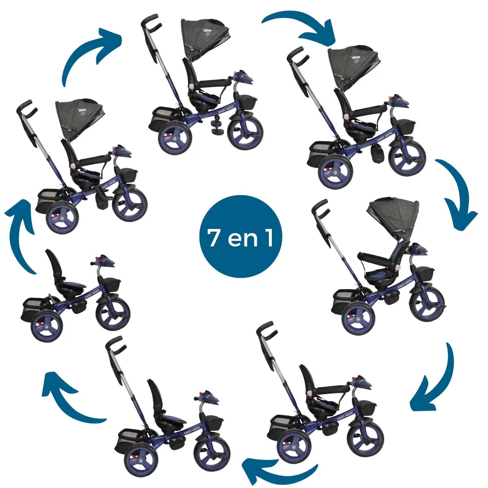 Triciclo para Niños 7en1 con luz,sonido,Asiento Giratorio 360  - Azul.