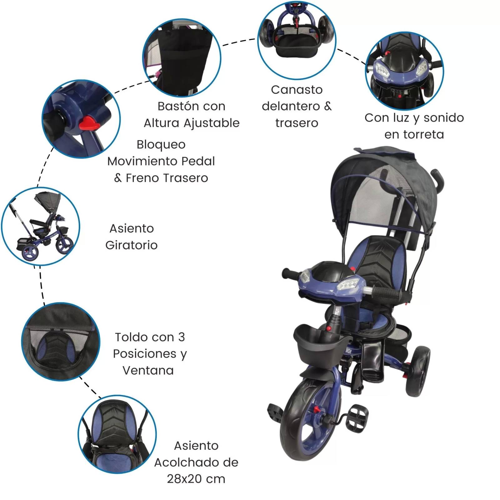 Triciclo para Niños 7en1 con luz,sonido,Asiento Giratorio 360  - Azul.