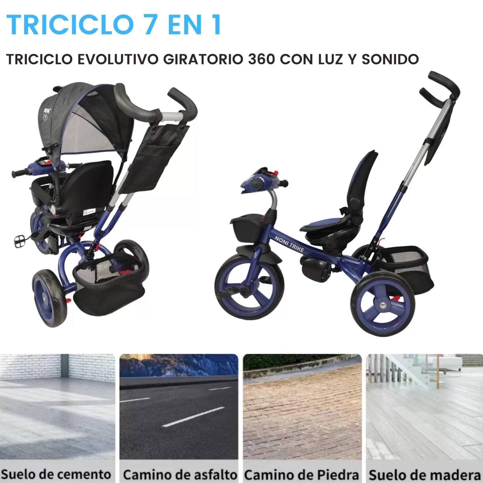 Triciclo para Niños 7en1 con luz,sonido,Asiento Giratorio 360  - Azul.