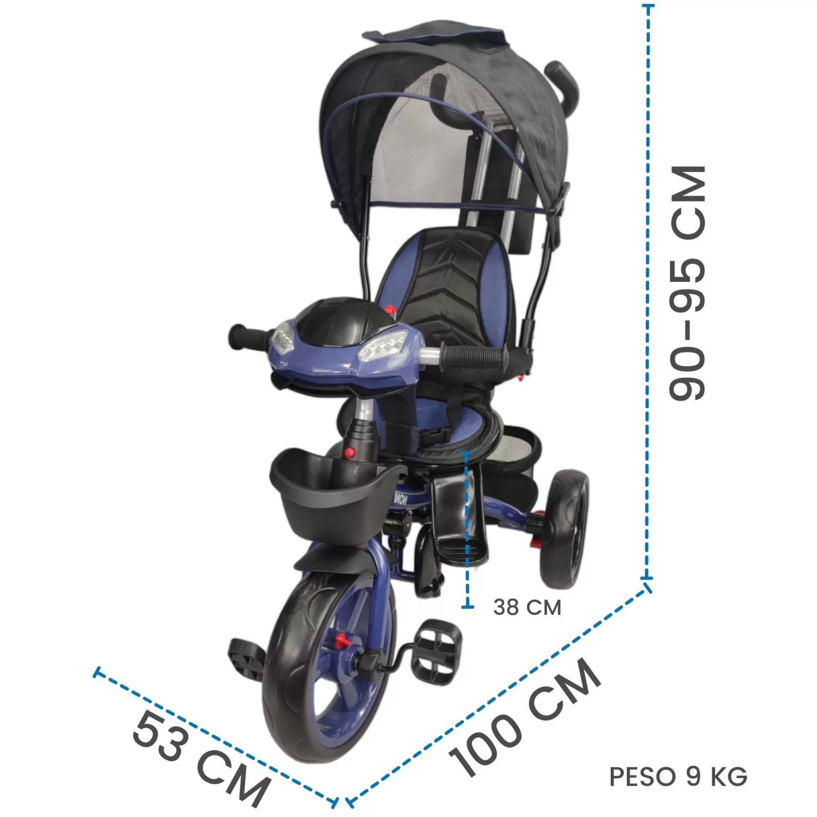 Triciclo para Niños 7en1 con luz,sonido,Asiento Giratorio 360  - Azul.
