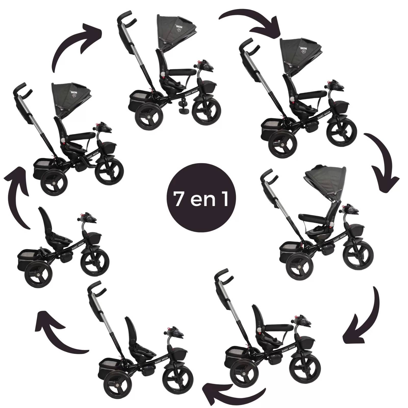 Triciclo para Niños 7en1 con luz,sonido,Asiento Giratorio 360  - Negro.