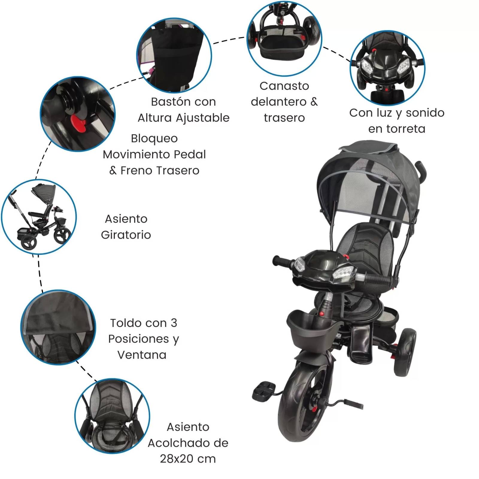 Triciclo para Niños 7en1 con luz,sonido,Asiento Giratorio 360  - Negro.