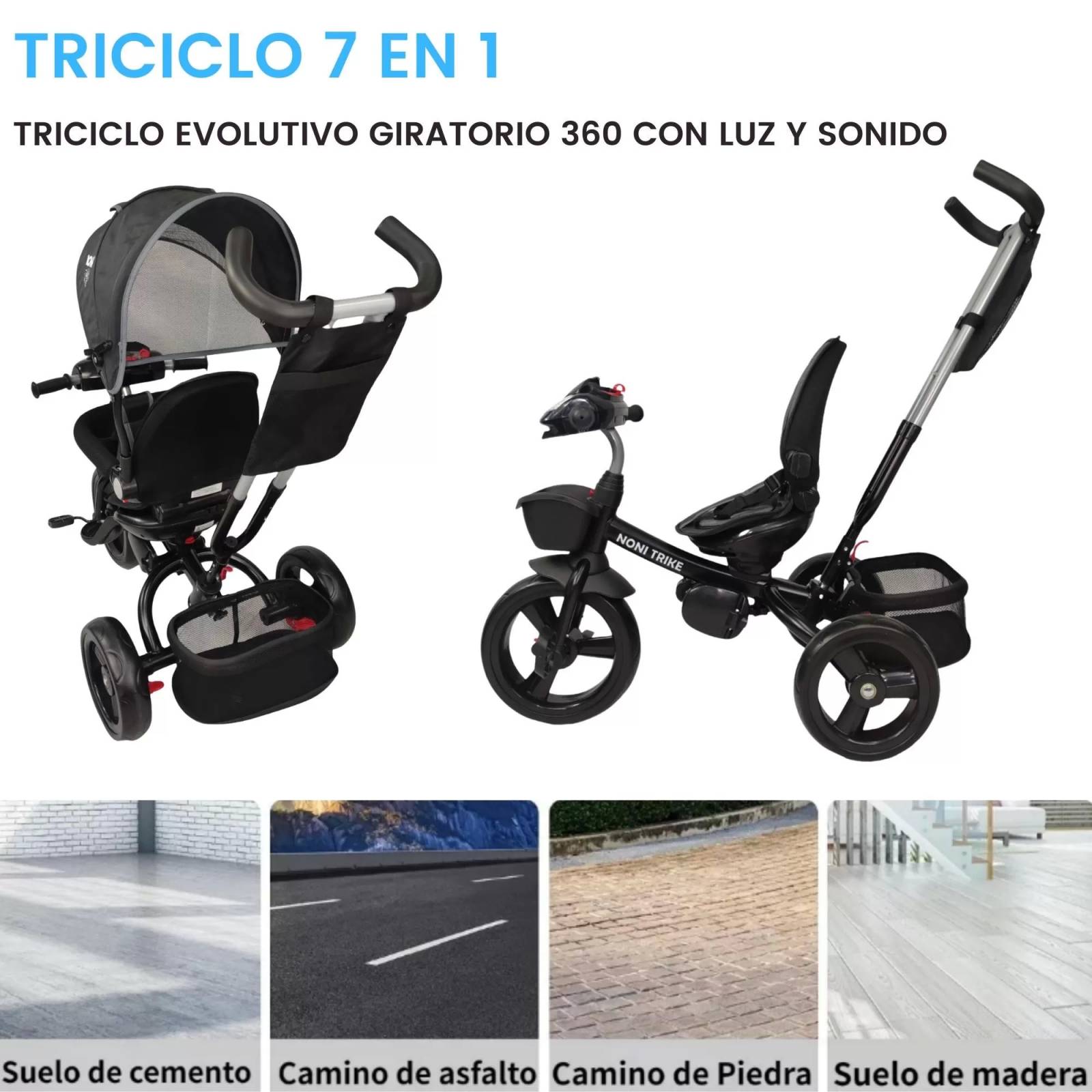 Triciclo para Niños 7en1 con luz,sonido,Asiento Giratorio 360  - Negro.