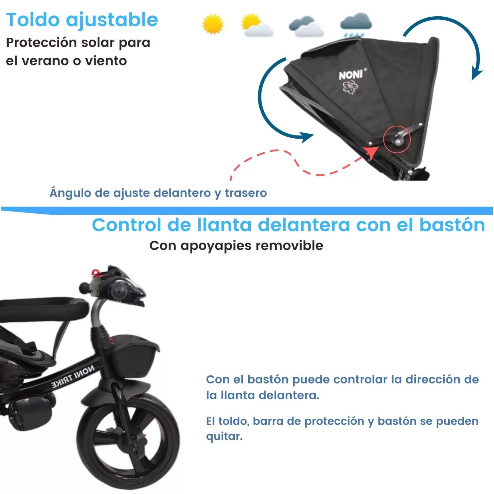 Triciclo para Niños 7en1 con luz,sonido,Asiento Giratorio 360  - Negro.