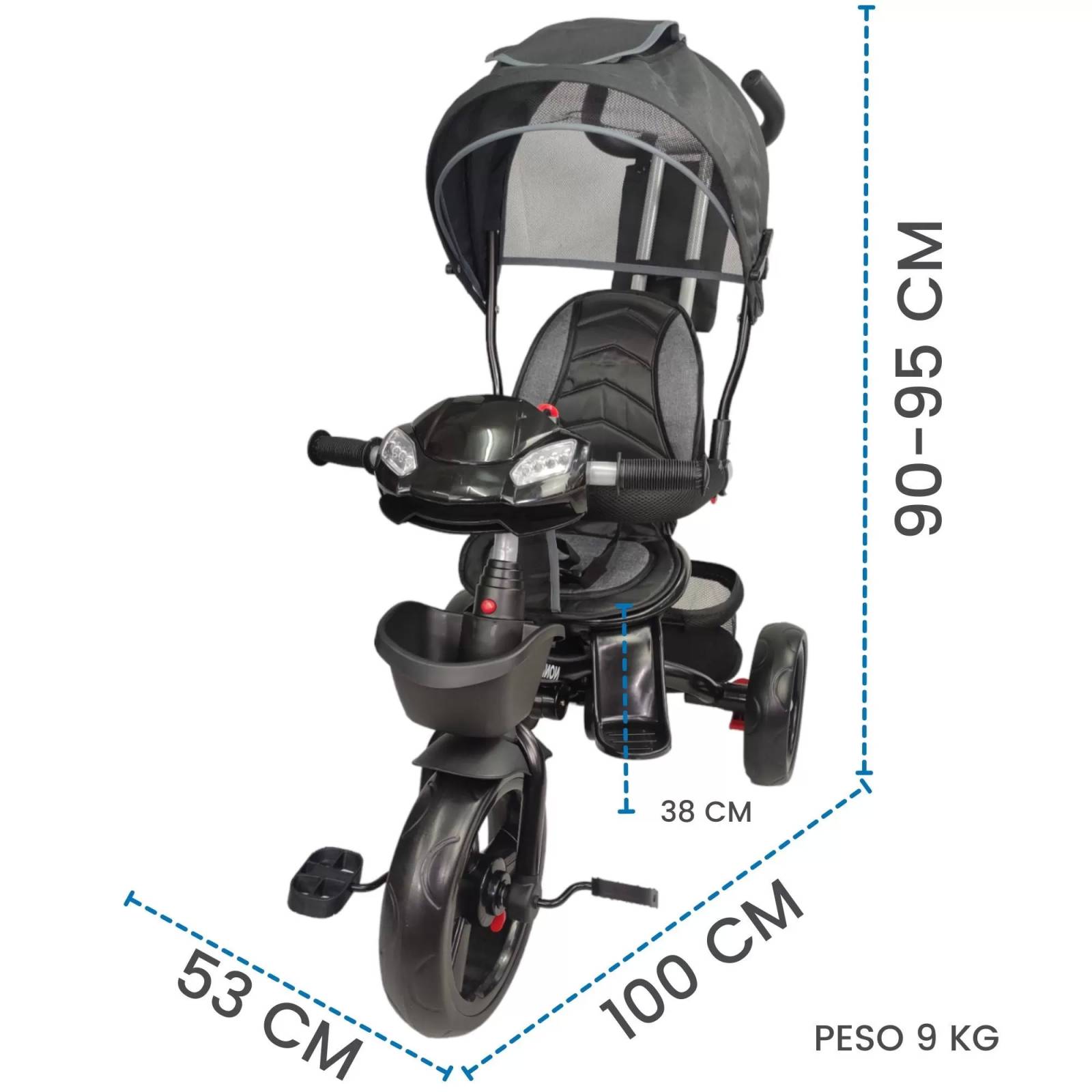 Triciclo para Niños 7en1 con luz,sonido,Asiento Giratorio 360  - Negro.