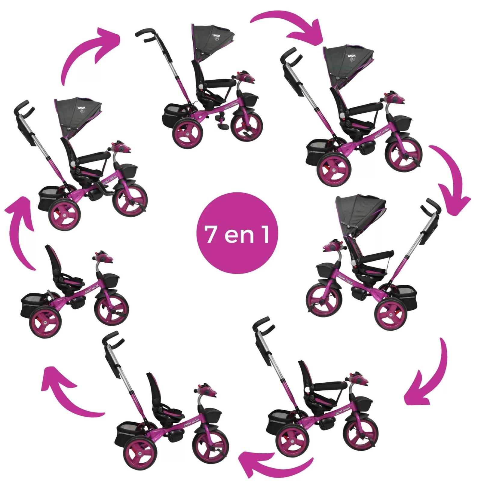Triciclo para Niños 7en1 con luz,sonido,Asiento Giratorio 360  - Purpura.