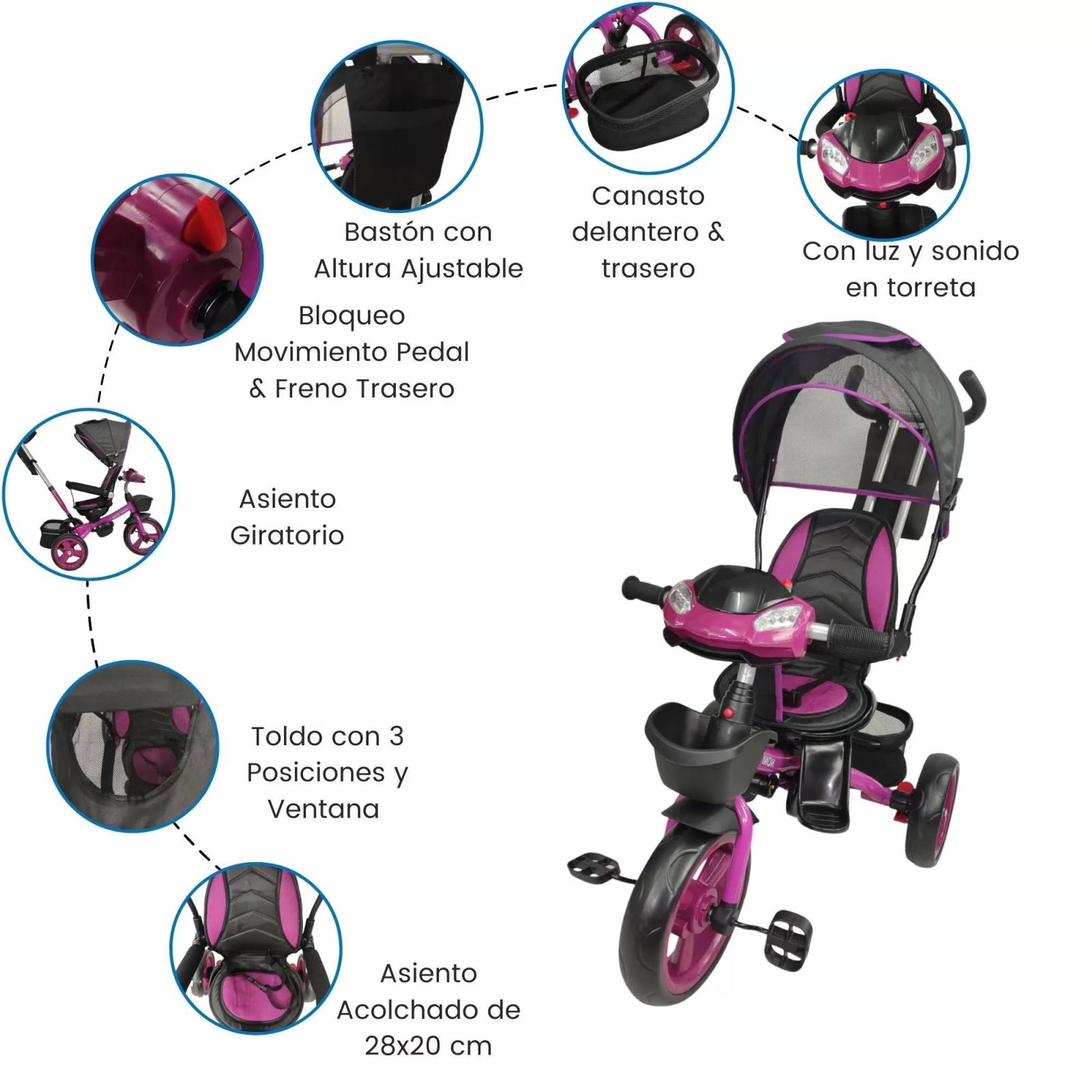 Triciclo para Niños 7en1 con luz,sonido,Asiento Giratorio 360  - Purpura.