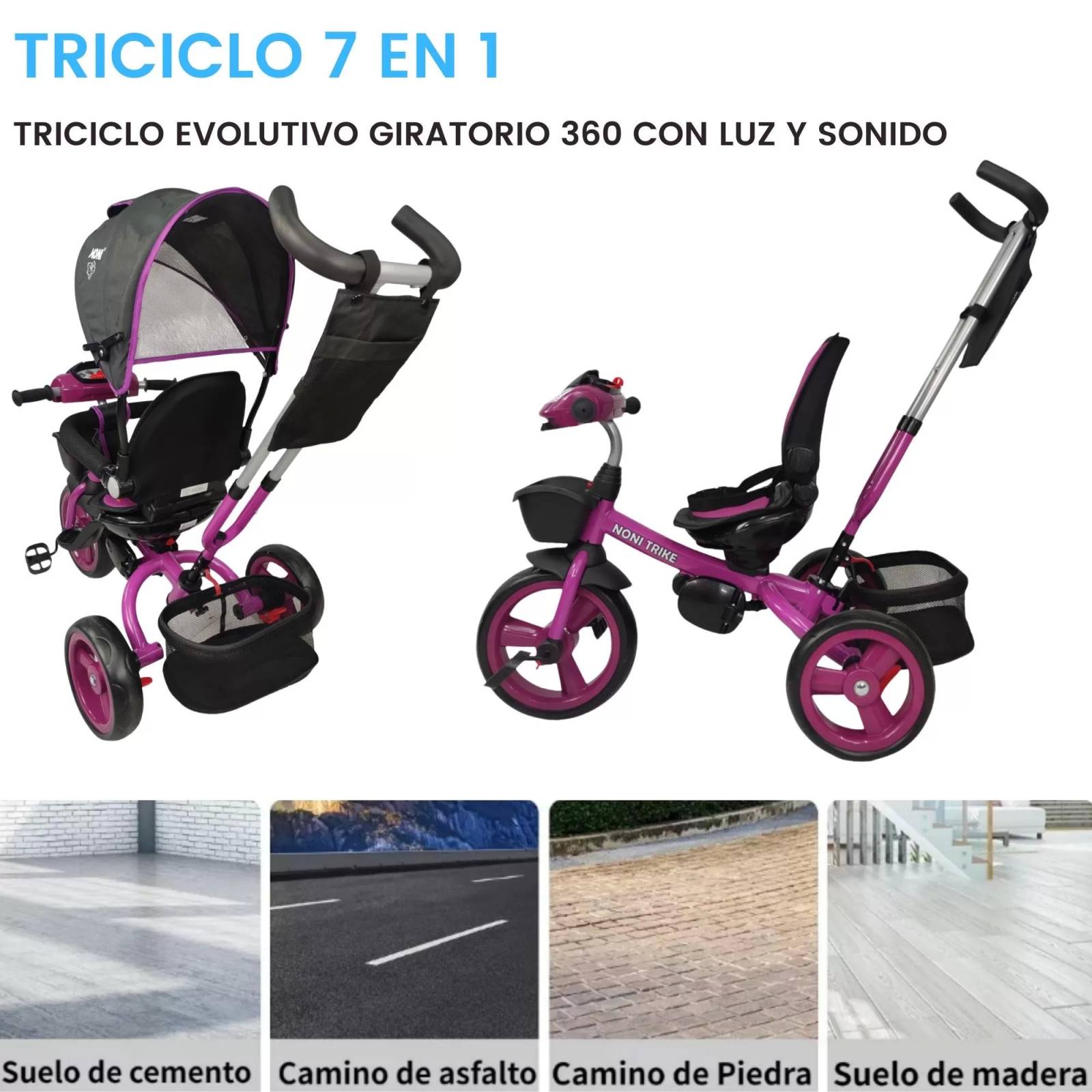 Triciclo para Niños 7en1 con luz,sonido,Asiento Giratorio 360  - Purpura.