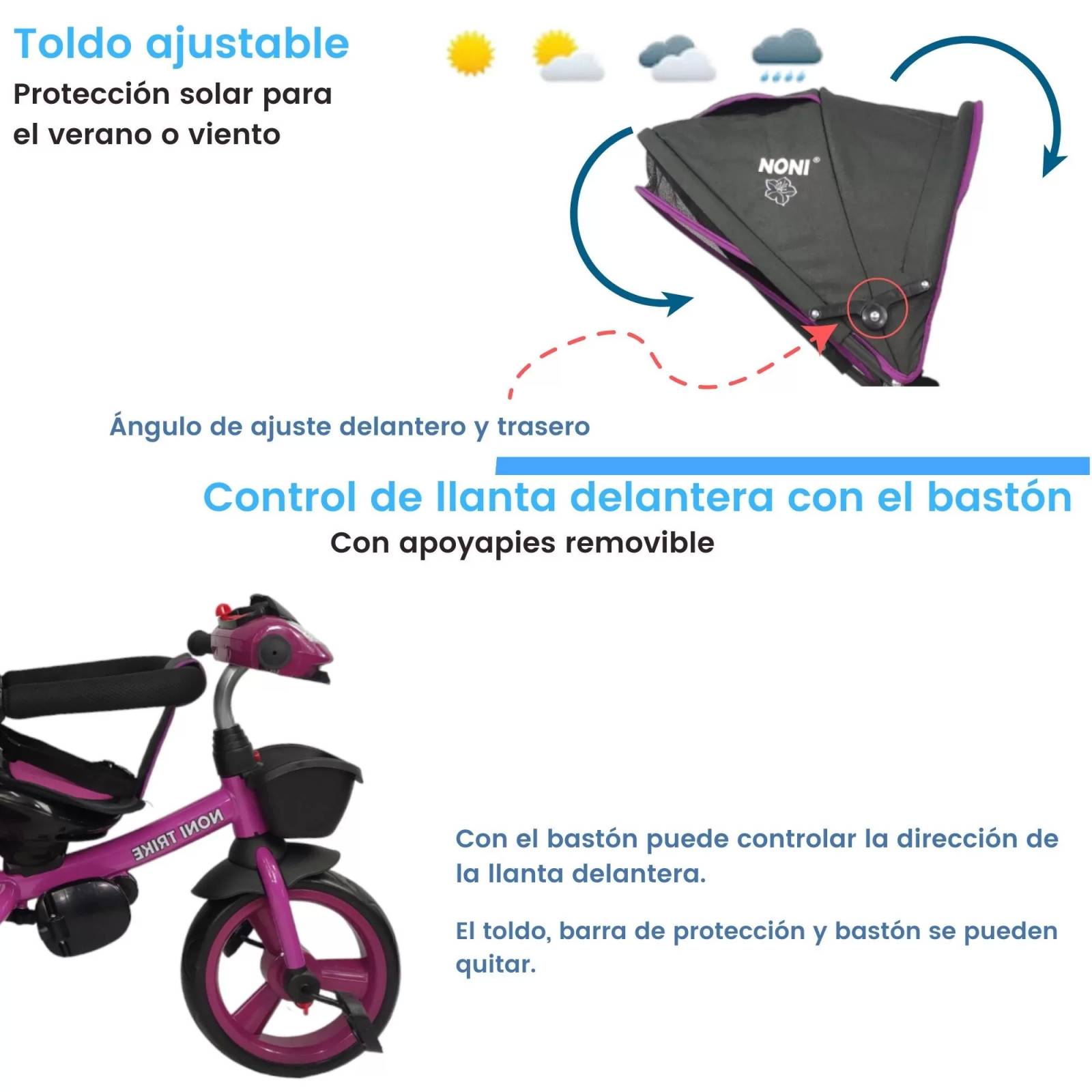 Triciclo para Niños 7en1 con luz,sonido,Asiento Giratorio 360  - Purpura.