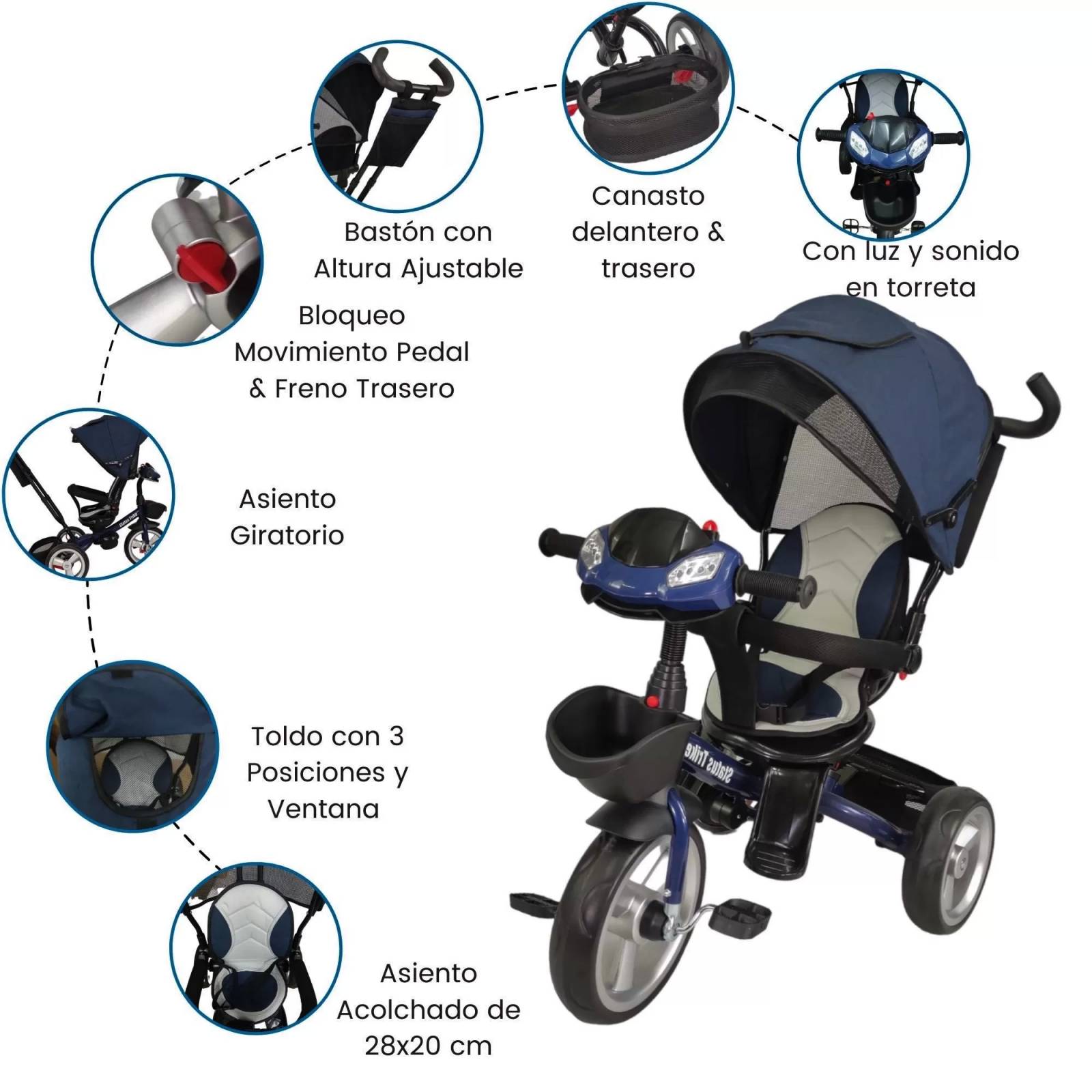 Triciclo para Niños 7en1 con Asiento Giratorio 360,luz,sonido  - Azul.