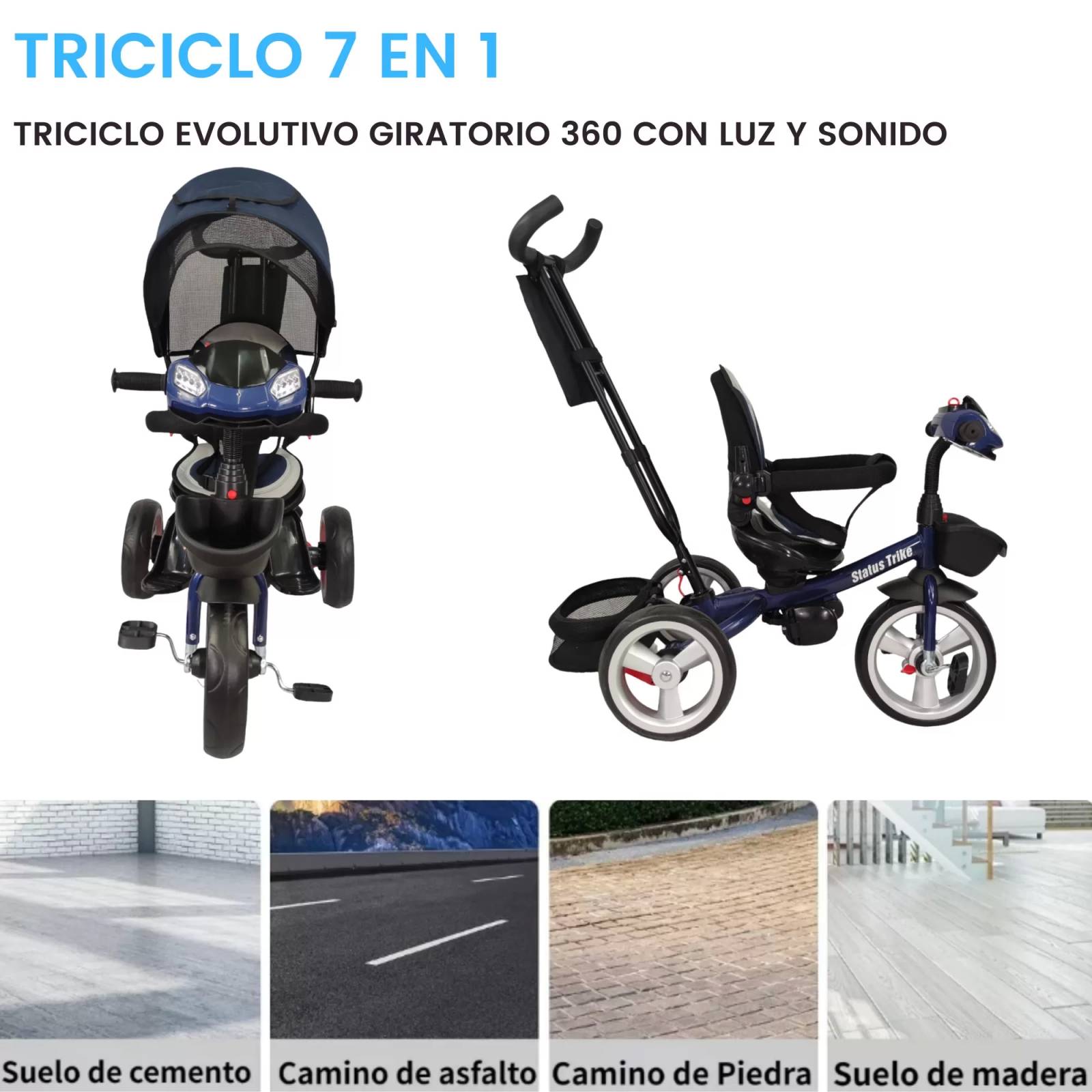 Triciclo para Niños 7en1 con Asiento Giratorio 360,luz,sonido  - Azul.