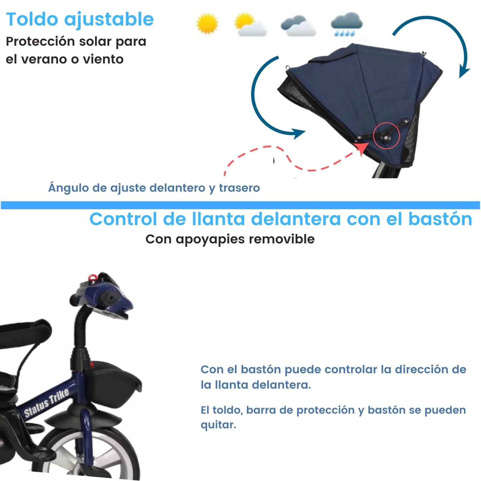 Triciclo para Niños 7en1 con Asiento Giratorio 360,luz,sonido  - Azul.