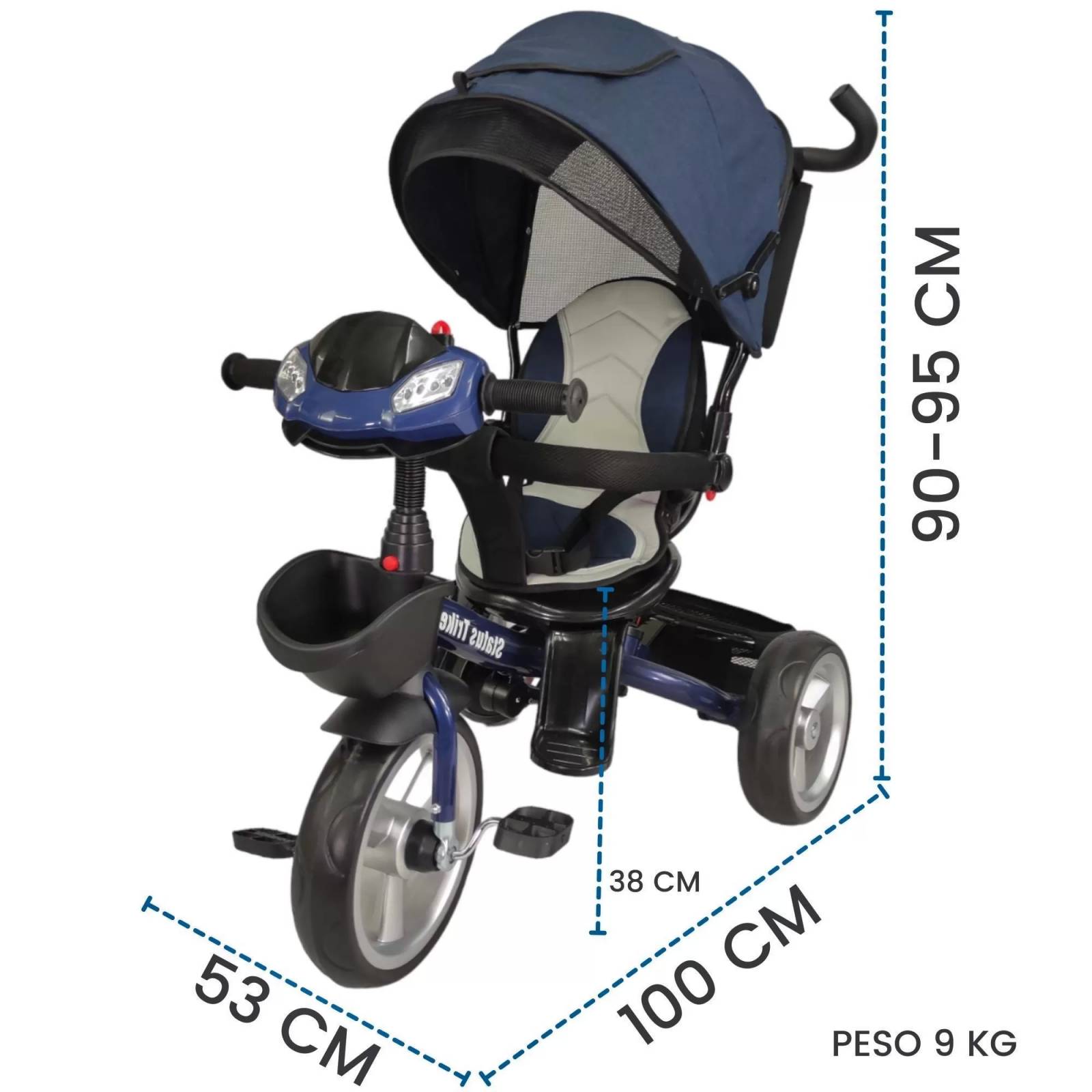 Triciclo para Niños 7en1 con Asiento Giratorio 360,luz,sonido  - Azul.
