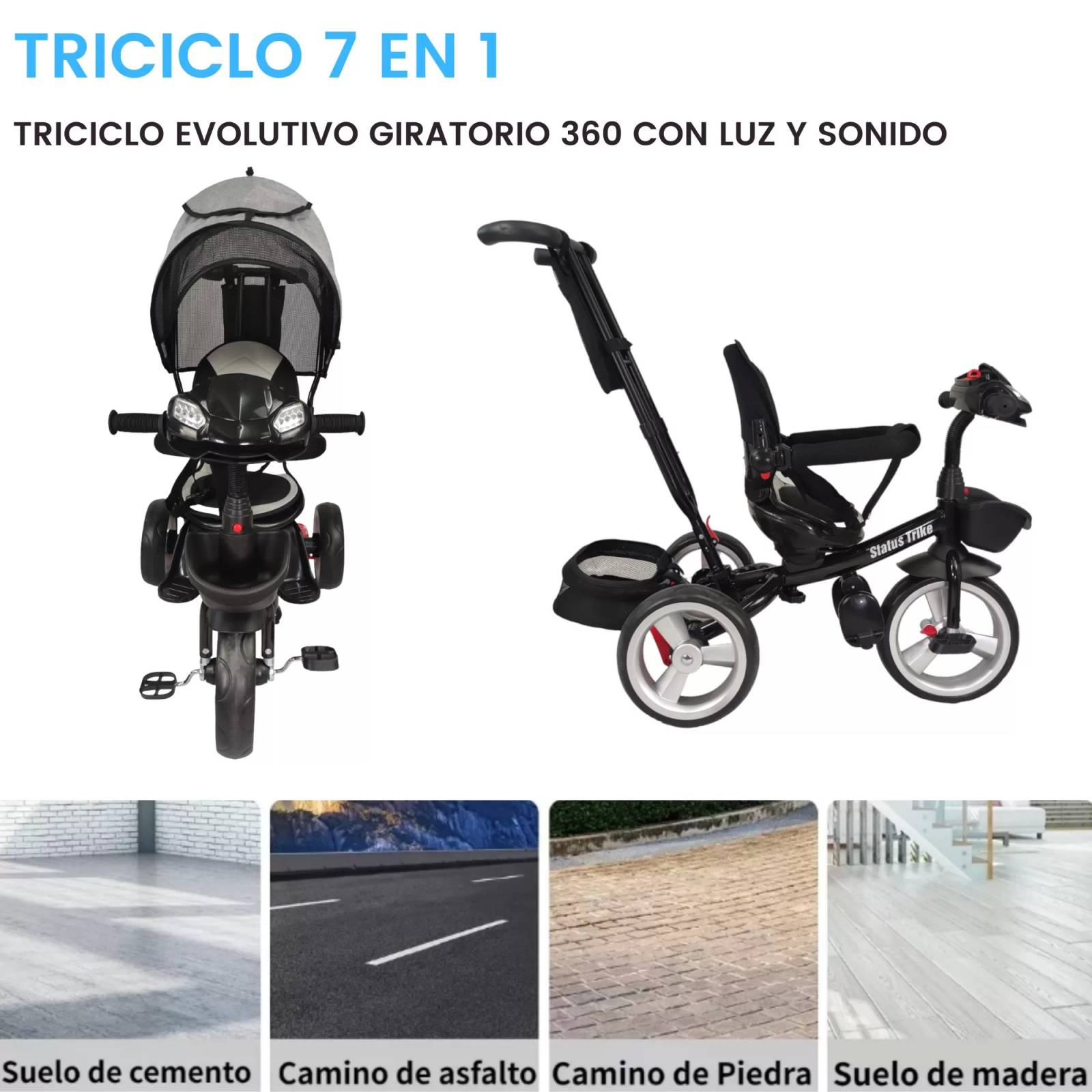 Triciclo para Ni os 7en1 con Asiento Giratorio 360 luz sonido Gris