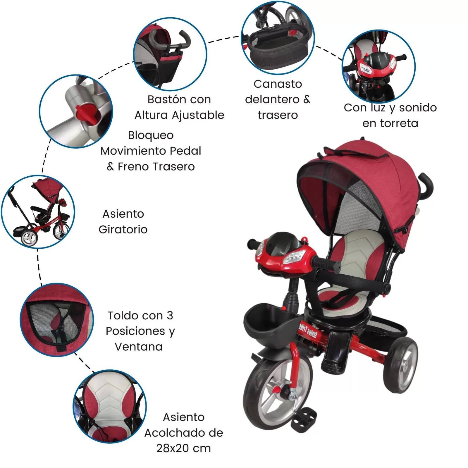 Triciclo para Niños 7en1 con Asiento Giratorio 360,luz,sonido  - Rojo.