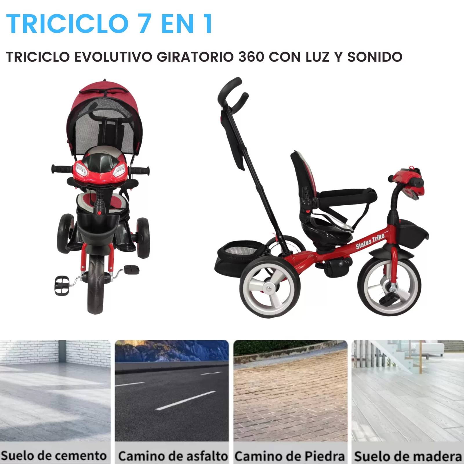 Triciclo para Niños 7en1 con Asiento Giratorio 360,luz,sonido  - Rojo.