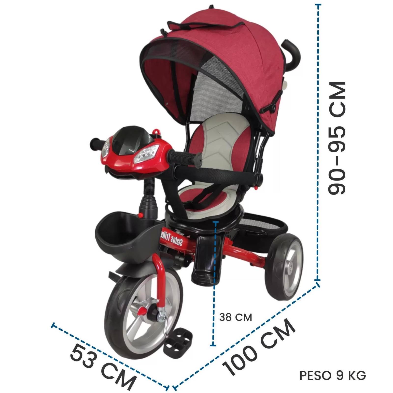 Triciclo para Niños 7en1 con Asiento Giratorio 360,luz,sonido  - Rojo.