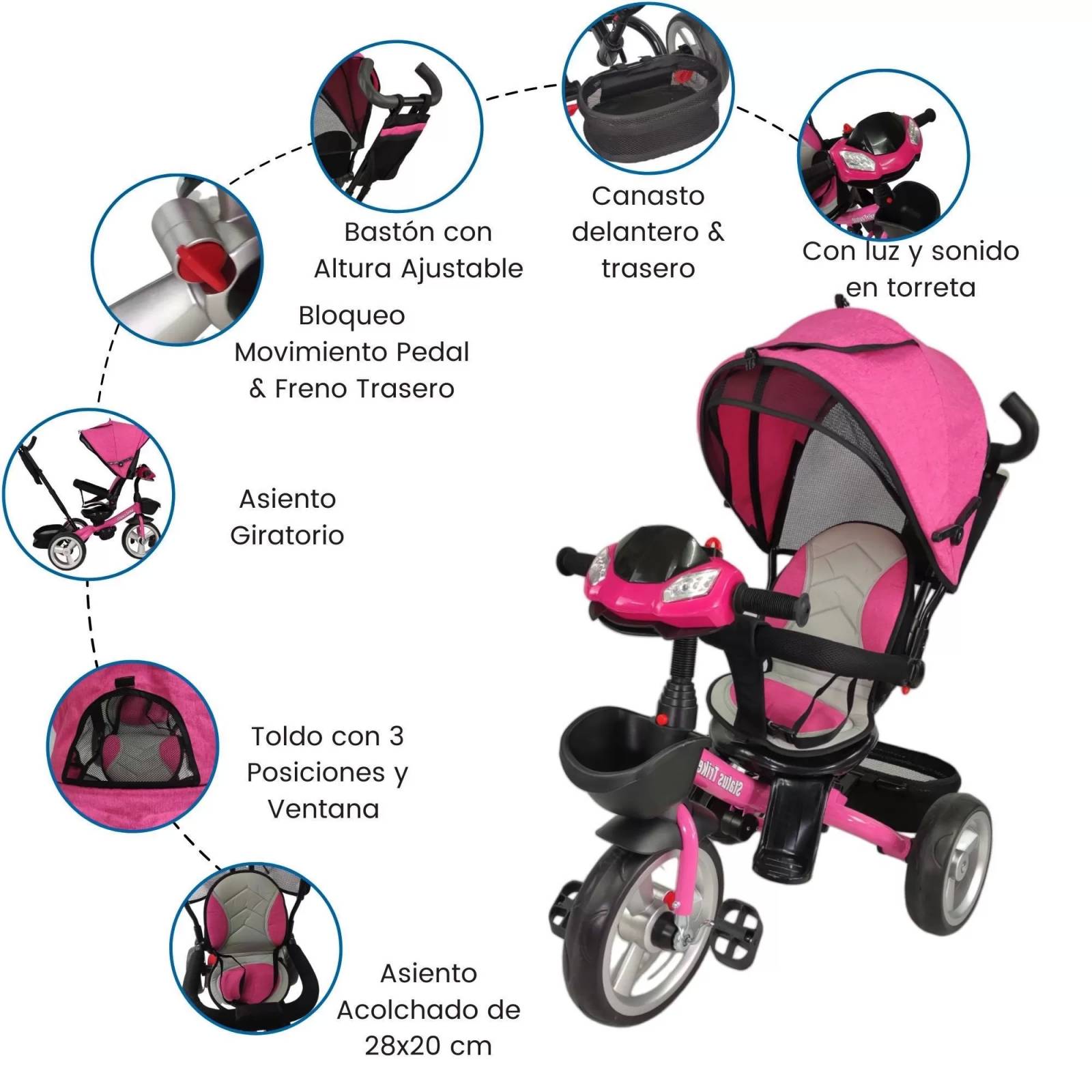 Triciclo para Niños 7en1 con Asiento Giratorio 360,luz,sonido  - Rosa.