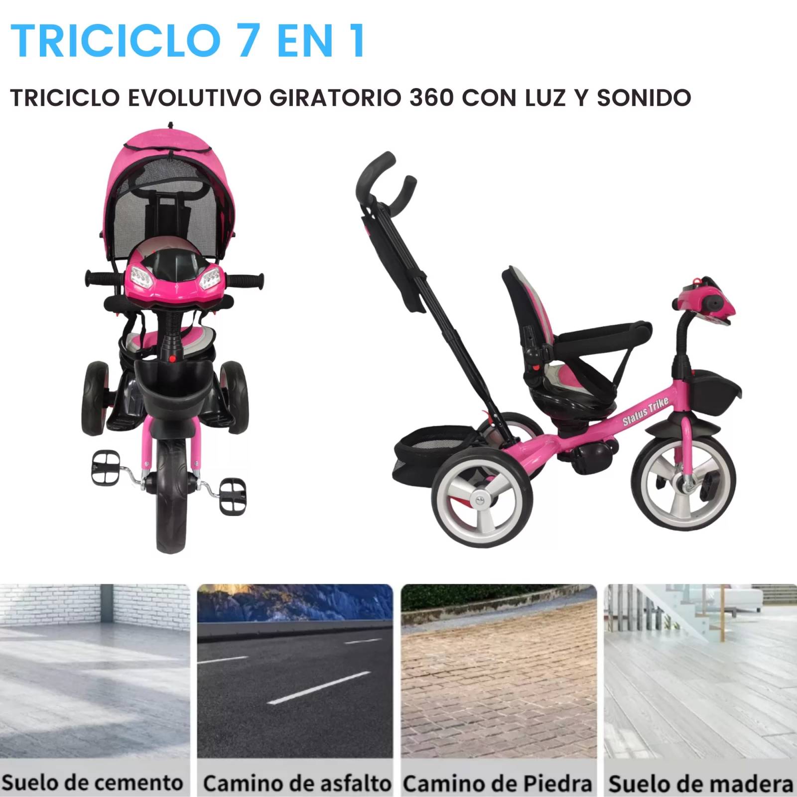 Triciclo para Niños 7en1 con Asiento Giratorio 360,luz,sonido  - Rosa.