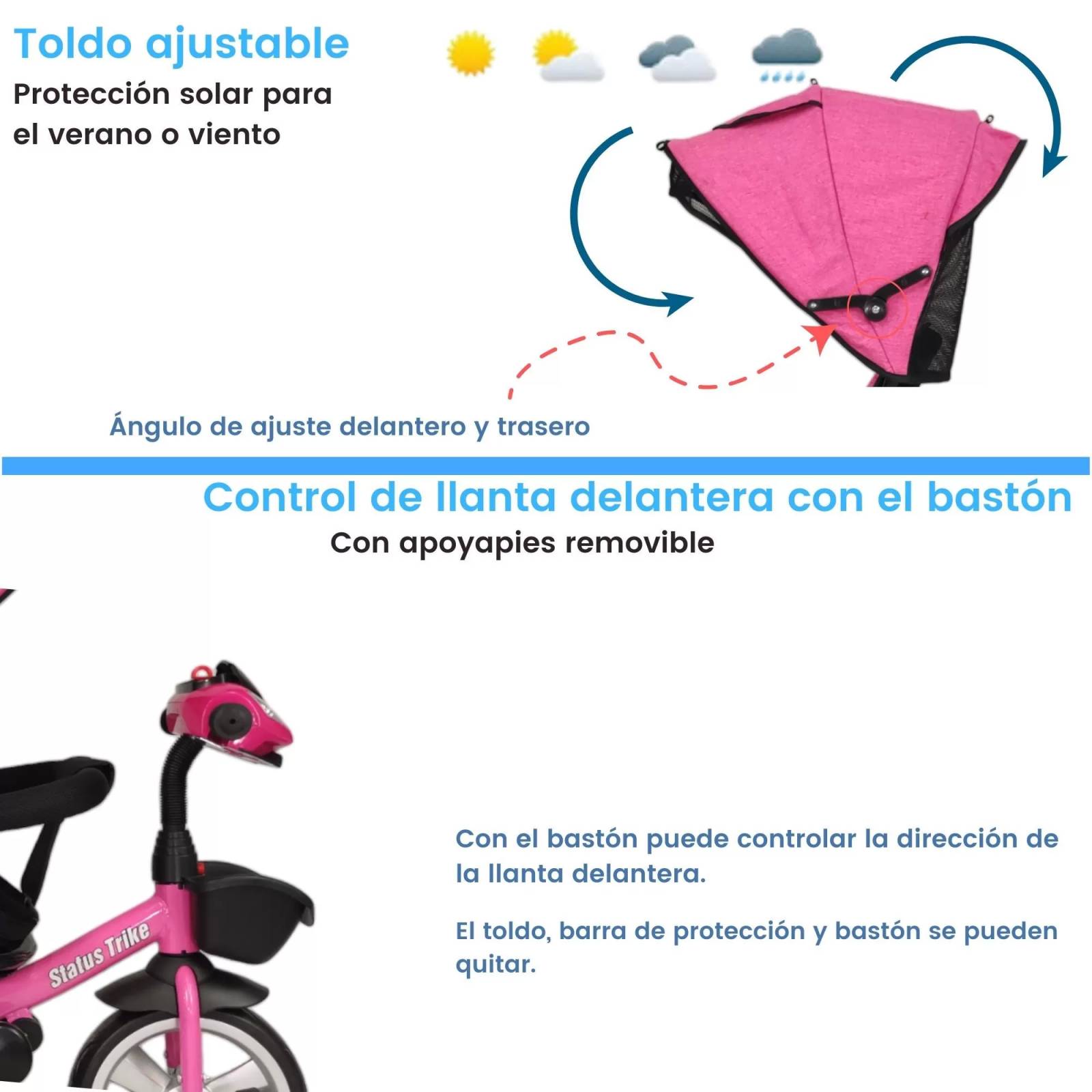 Triciclo para Niños 7en1 con Asiento Giratorio 360,luz,sonido  - Rosa.