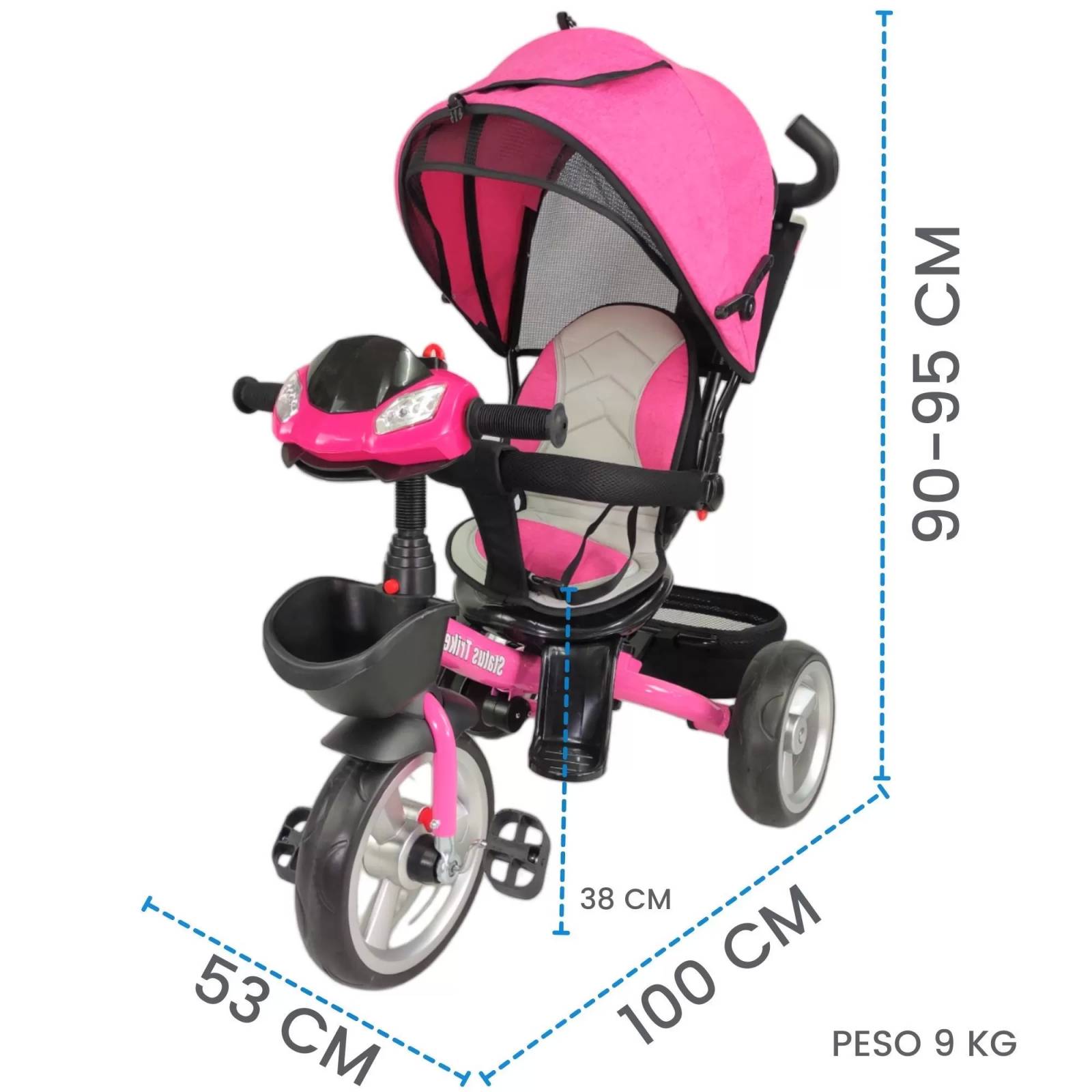 Triciclo para Niños 7en1 con Asiento Giratorio 360,luz,sonido  - Rosa.