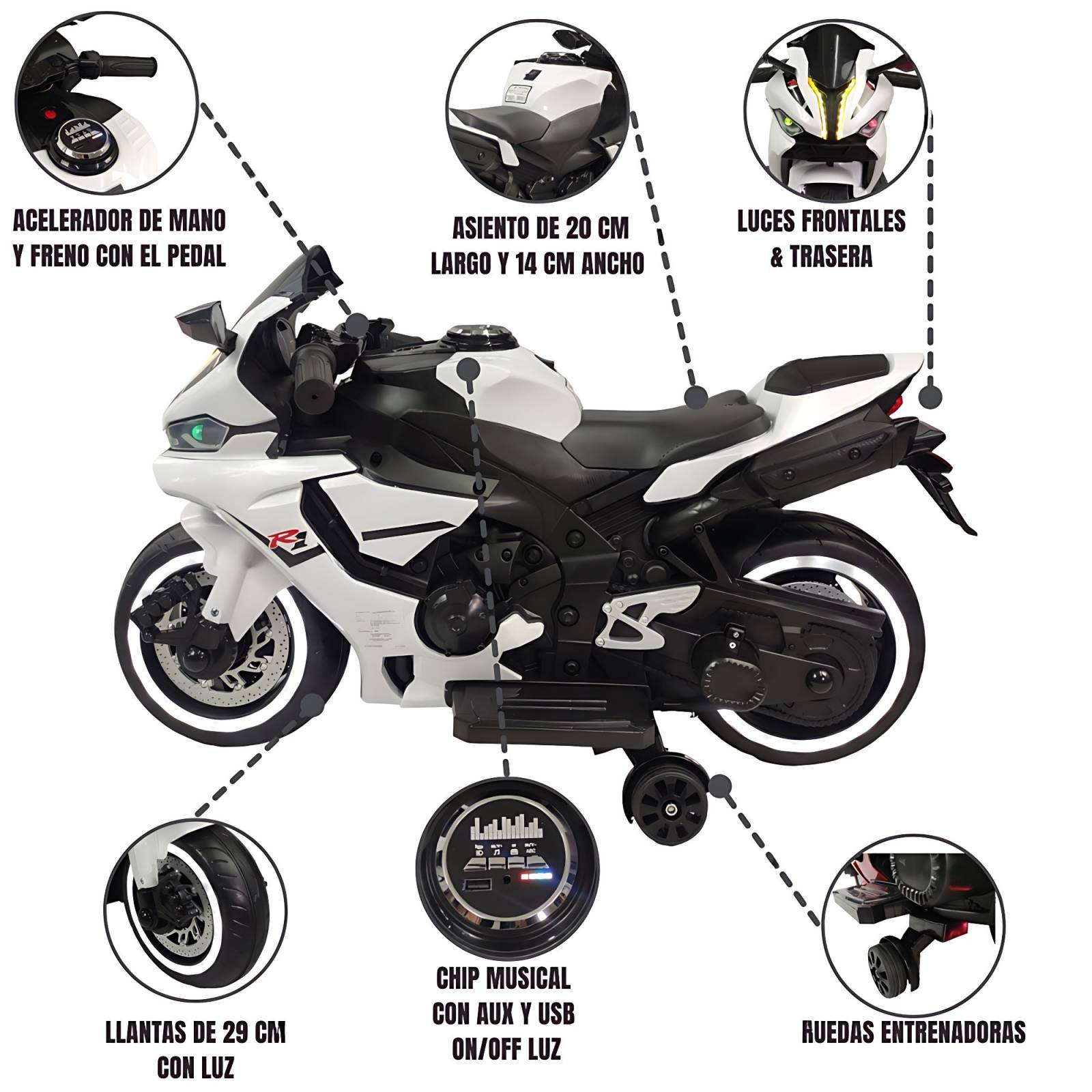 Motocicleta Montable Eléctrica Tres Ruedas Luz LED 12v - Blanco