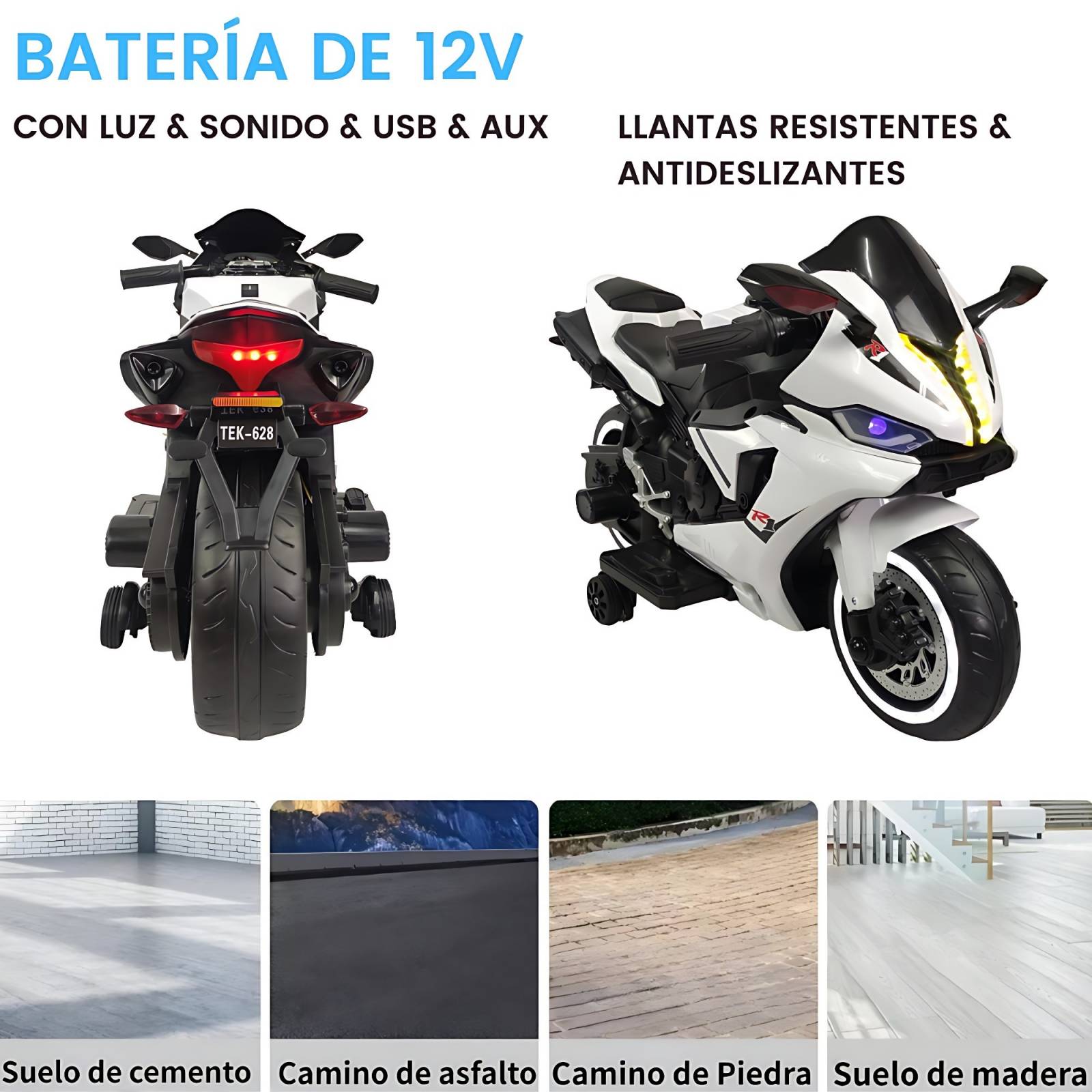 Motocicleta Montable Eléctrica Tres Ruedas Luz LED 12v - Blanco