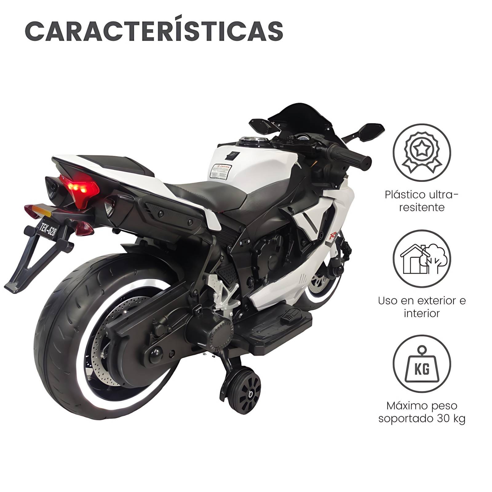 Motocicleta Montable Eléctrica Tres Ruedas Luz LED 12v - Blanco