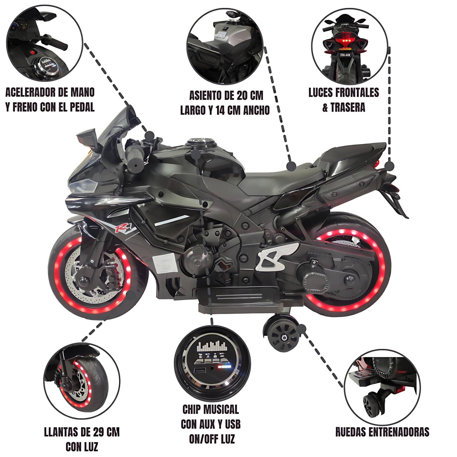 Motocicleta Montable Eléctrica Tres Ruedas Luz LED 12v  - Negro