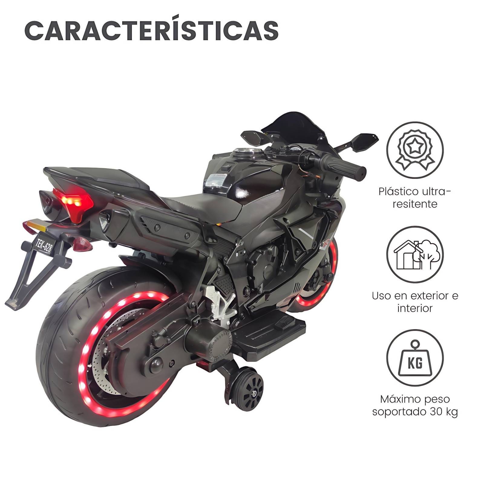 Motocicleta Montable Eléctrica Tres Ruedas Luz LED 12v  - Negro
