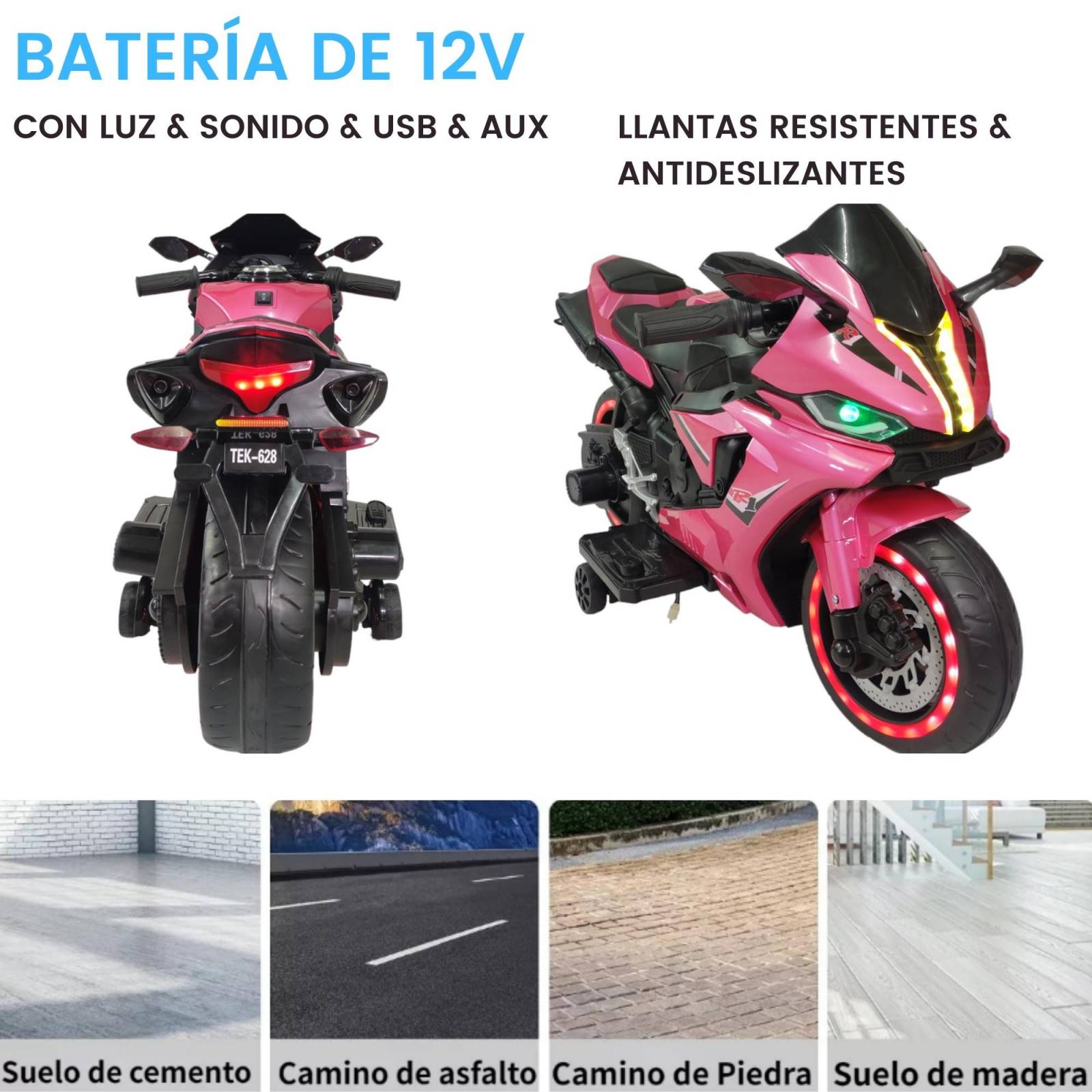 Motocicleta Montable Eléctrica Tres Ruedas Luz LED 12v  - Rosa.