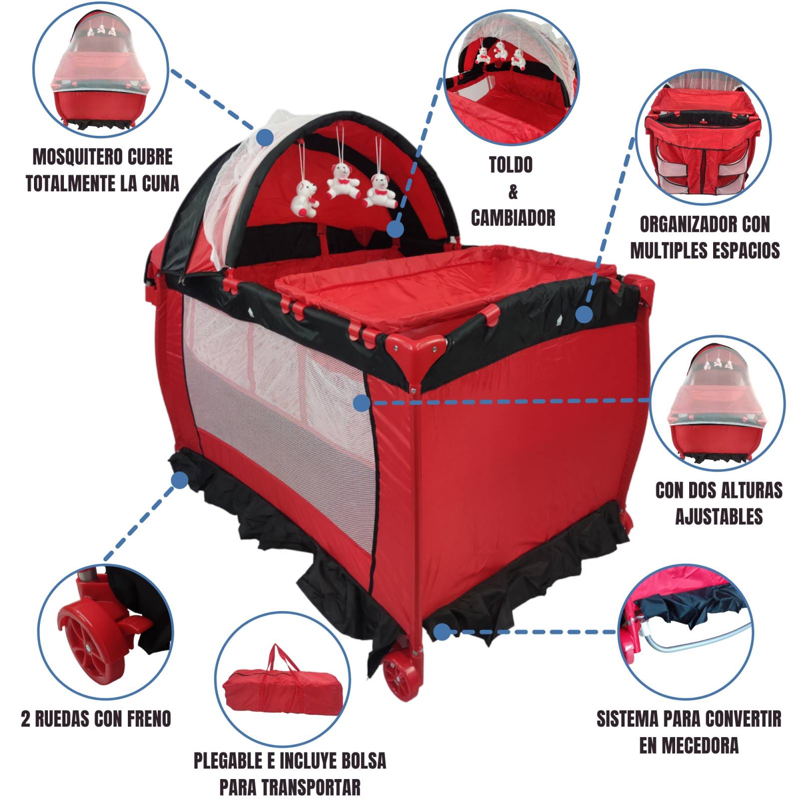 Cuna Corral para Bebe Plegable,Cambiador,Organizador  - Rojo.