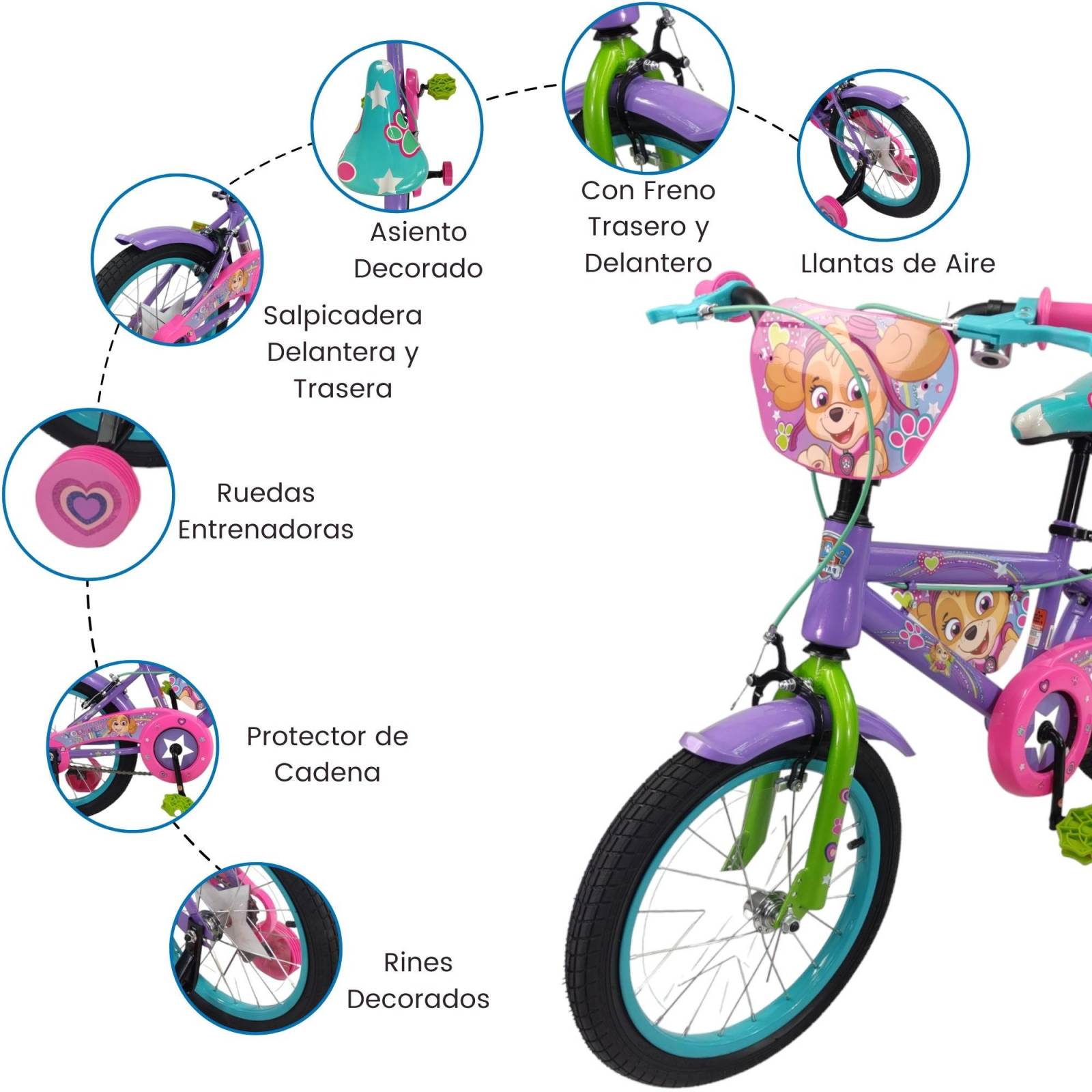 Bicicleta para Niños Rodada 16 Paw Patrol con Llantas Entrenadoras  - Rosa.
