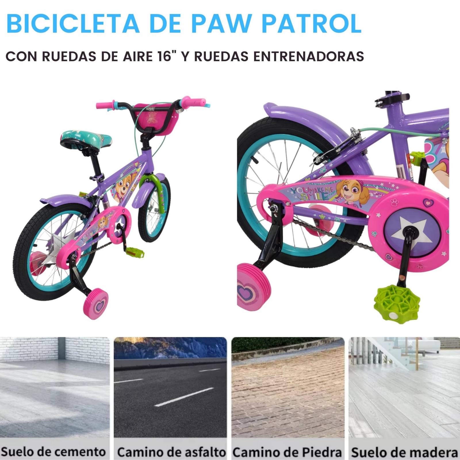 Bicicleta para Niños Rodada 16 Paw Patrol con Llantas Entrenadoras  - Rosa.