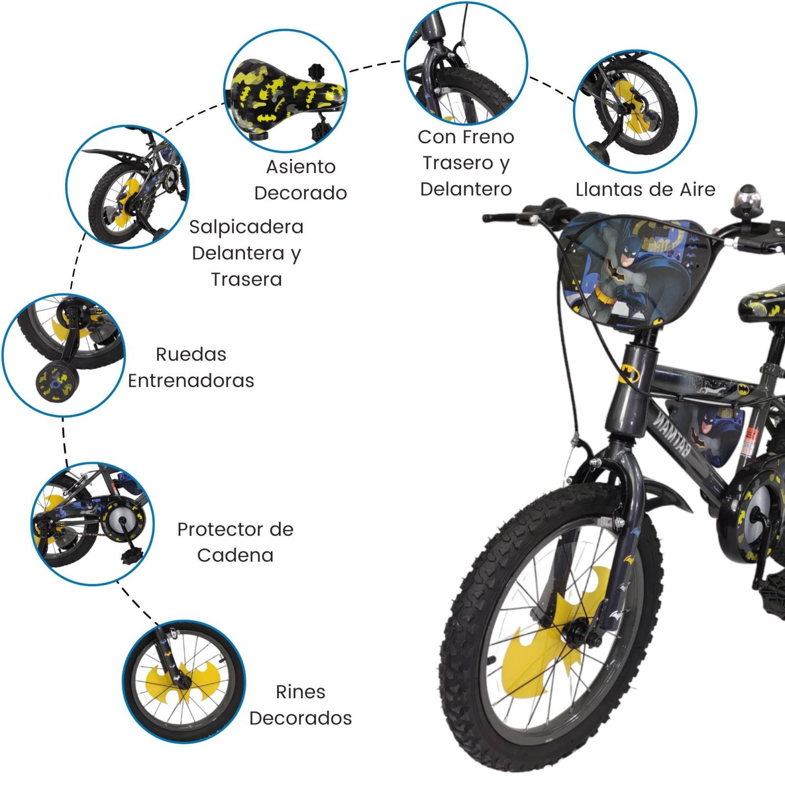 Bicicleta para Niños Rodada 16 Batman con Llantas Entrenadoras - Negro.