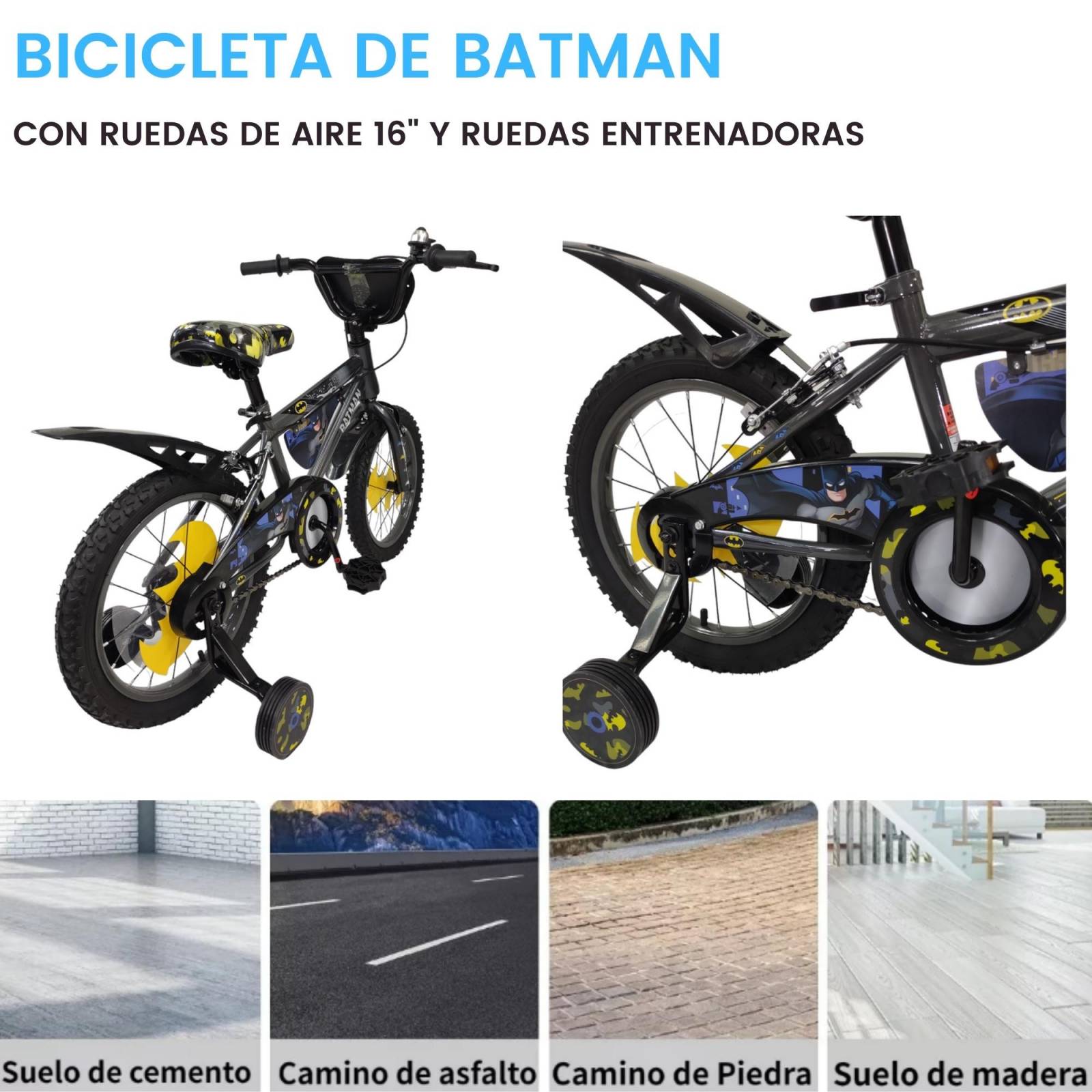 Bicicleta para Niños Rodada 16 Batman con Llantas Entrenadoras - Negro.