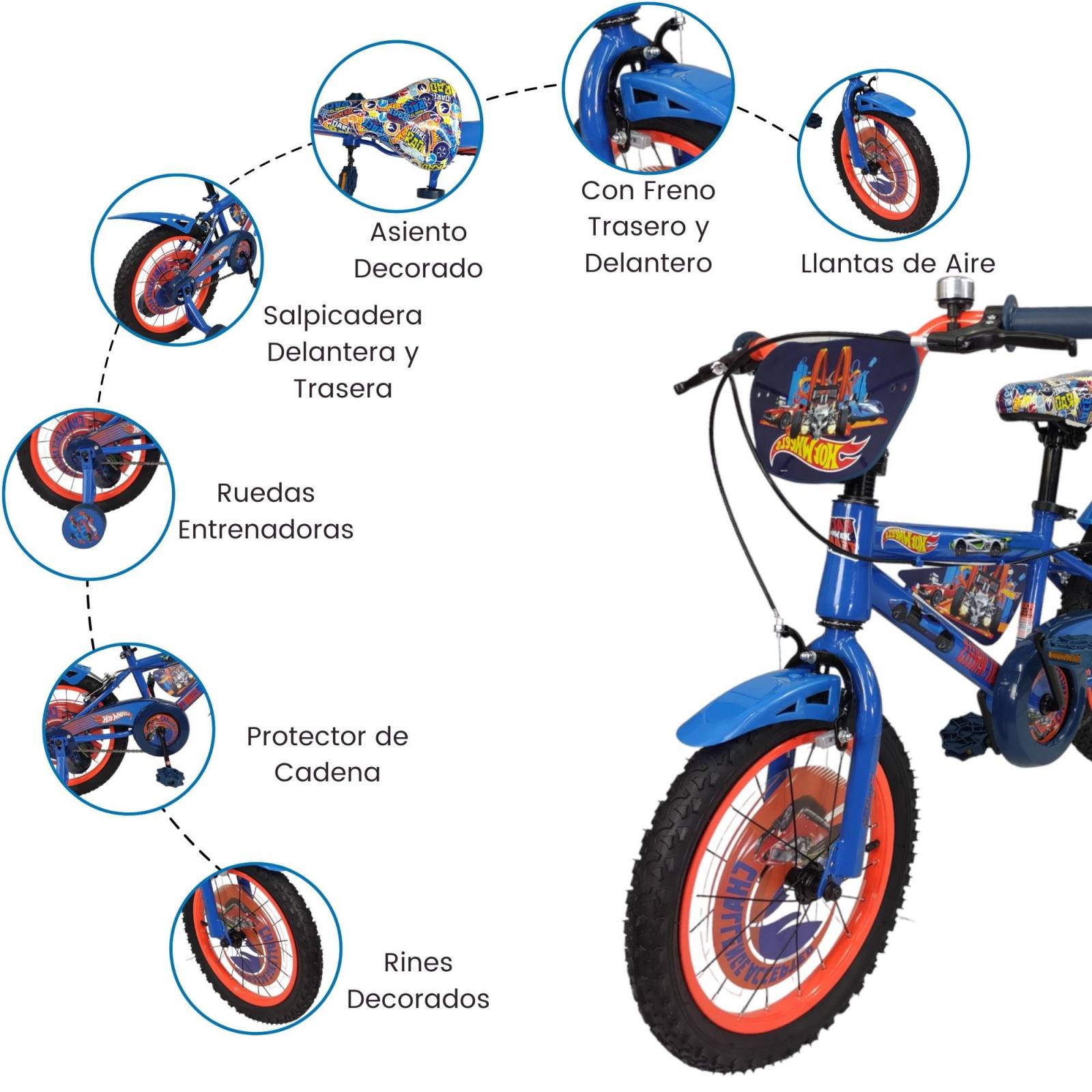 Bicicleta para Niños Rodada 16 Hot Wheels con Llantas Entrenadoras  - Azul.