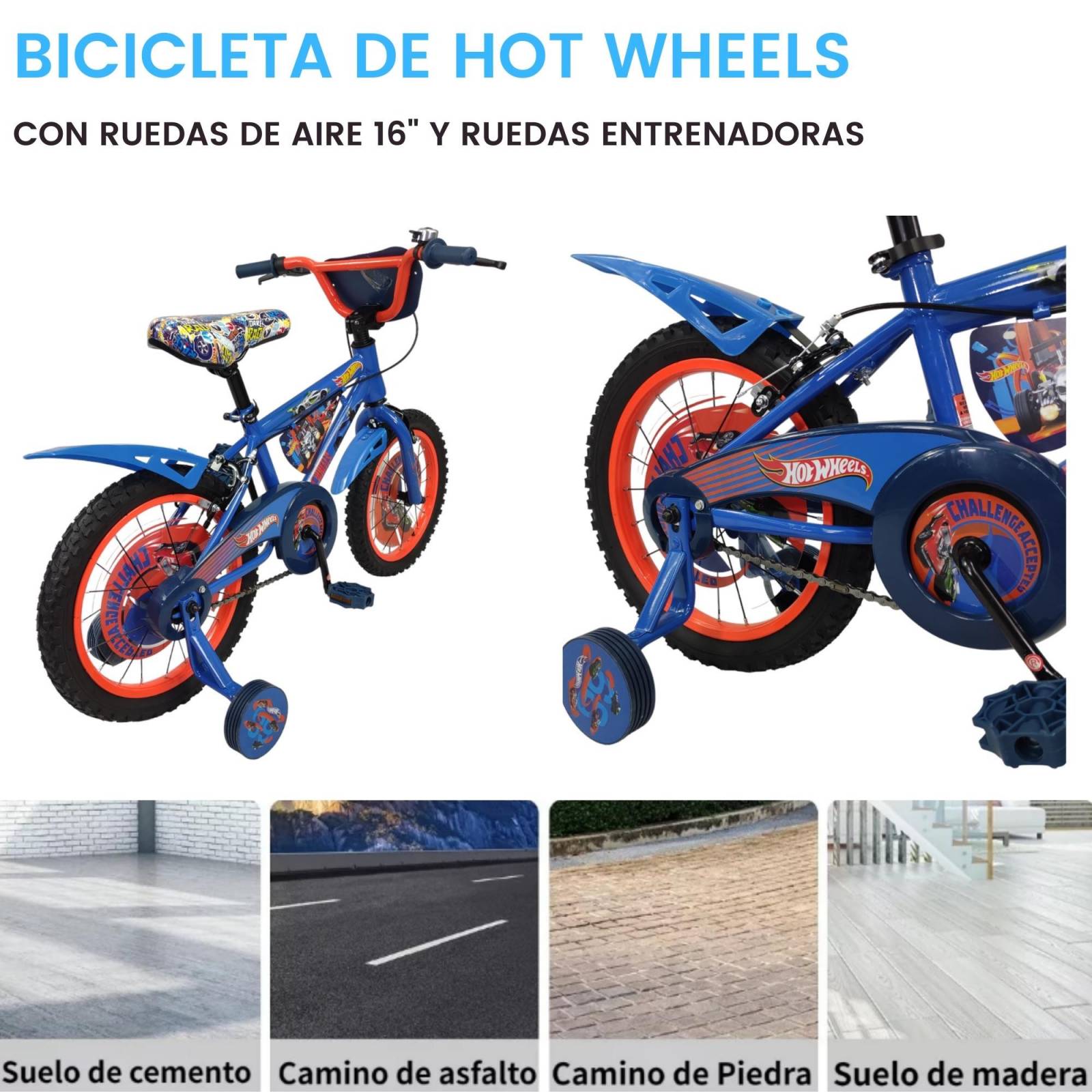 Bicicleta para Niños Rodada 16 Hot Wheels con Llantas Entrenadoras  - Azul.