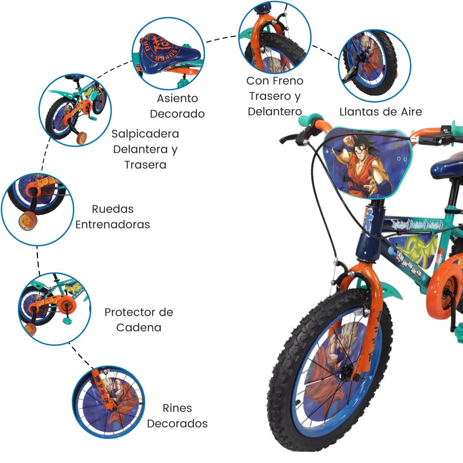 Bicicleta para Niños Rodada 16 Dragon Ball con Llantas Entrenadoras  - Azul.
