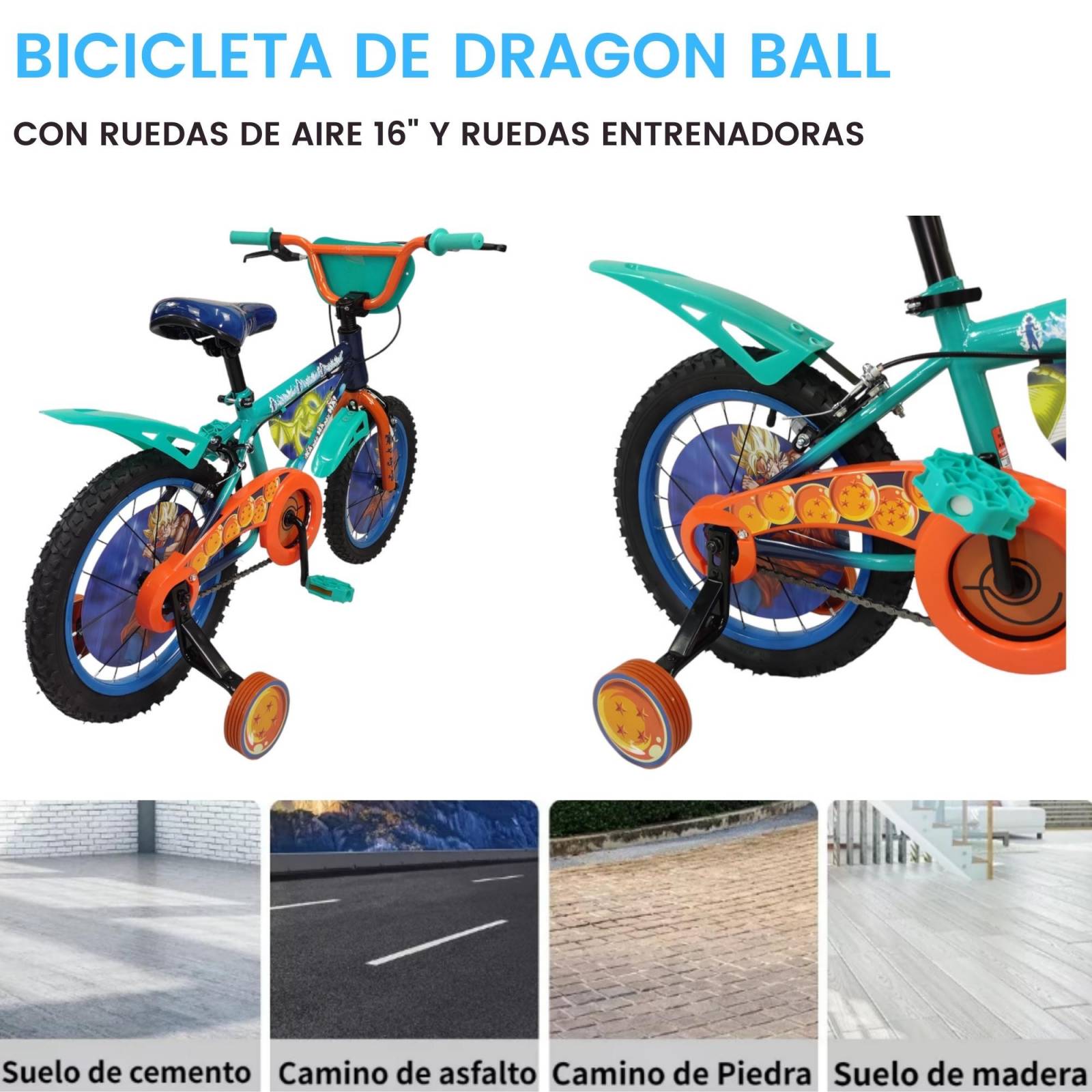 Bicicleta para Niños Rodada 16 Dragon Ball con Llantas Entrenadoras  - Azul.