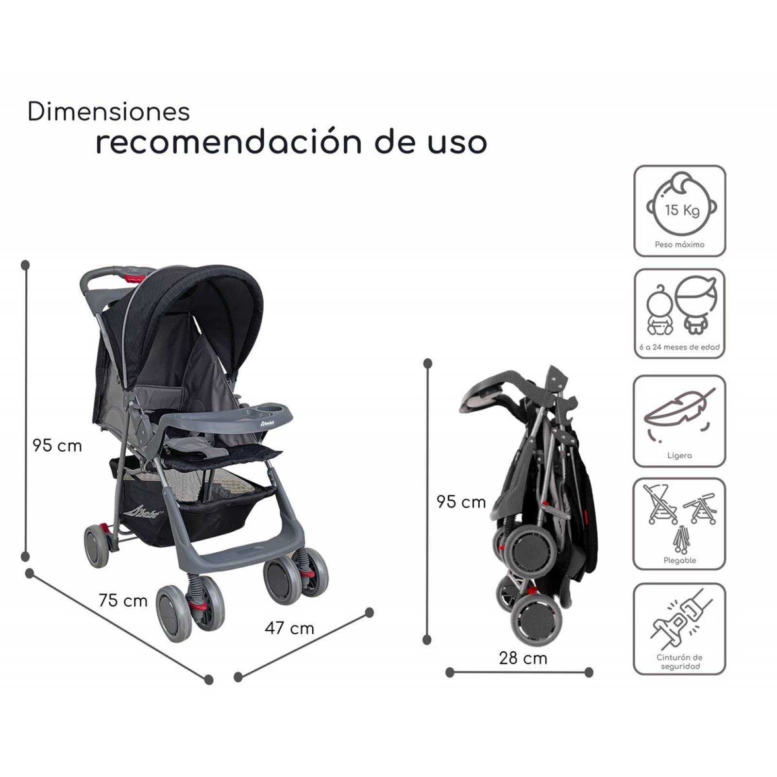 Carriola para Bebe Ultra Plegable Con Charola,6 a 24 meses 15kg  - Negro.