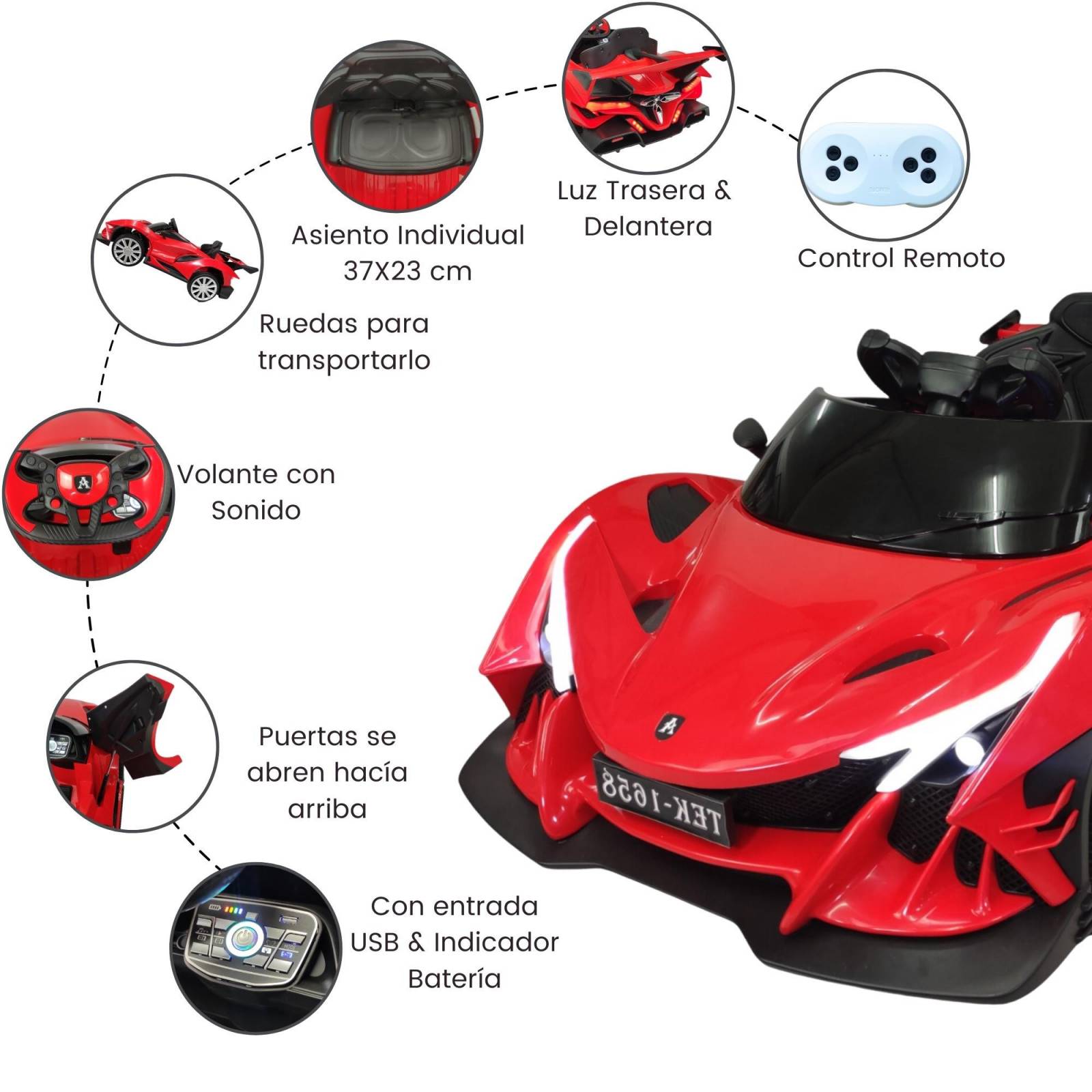 Montable para Ninos con Control Remoto Luz Sonido Usb Lambo Rojo