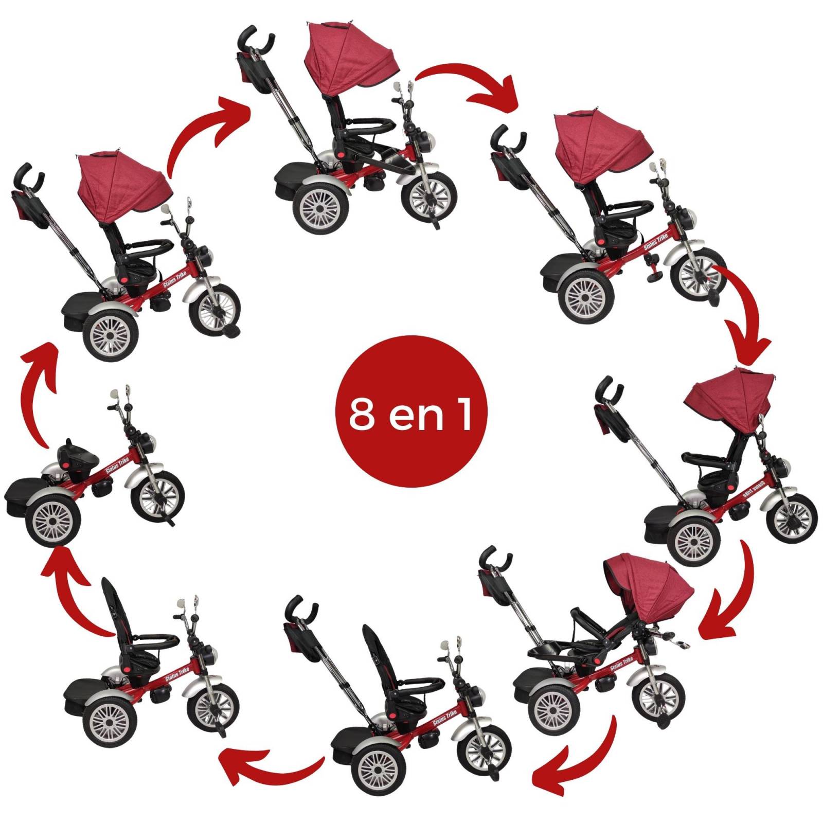 Triciclo para Niños 8en1 con Asiento Giratorio y Reclinable, sonido  - Rojo.