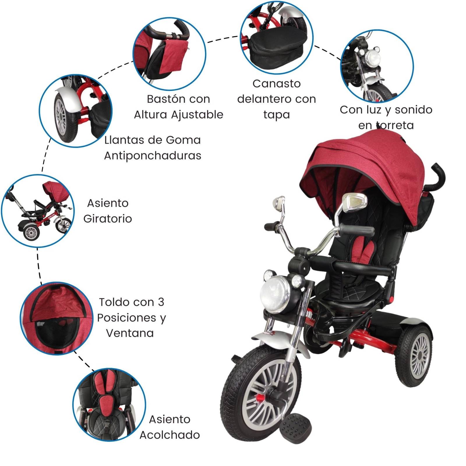 Triciclo para Niños 8en1 con Asiento Giratorio y Reclinable, sonido  - Rojo.