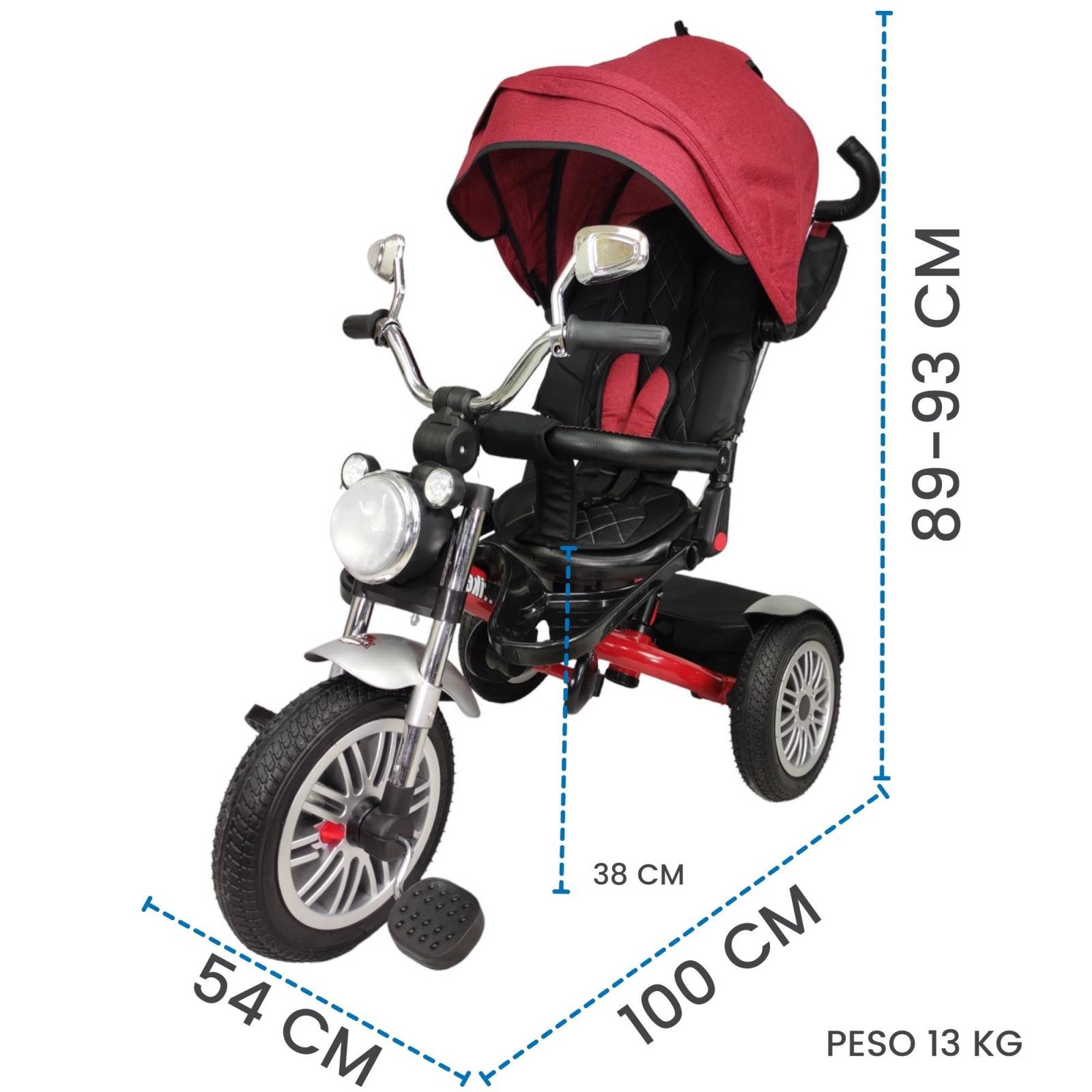 Triciclo para Niños 8en1 con Asiento Giratorio y Reclinable, sonido  - Rojo.