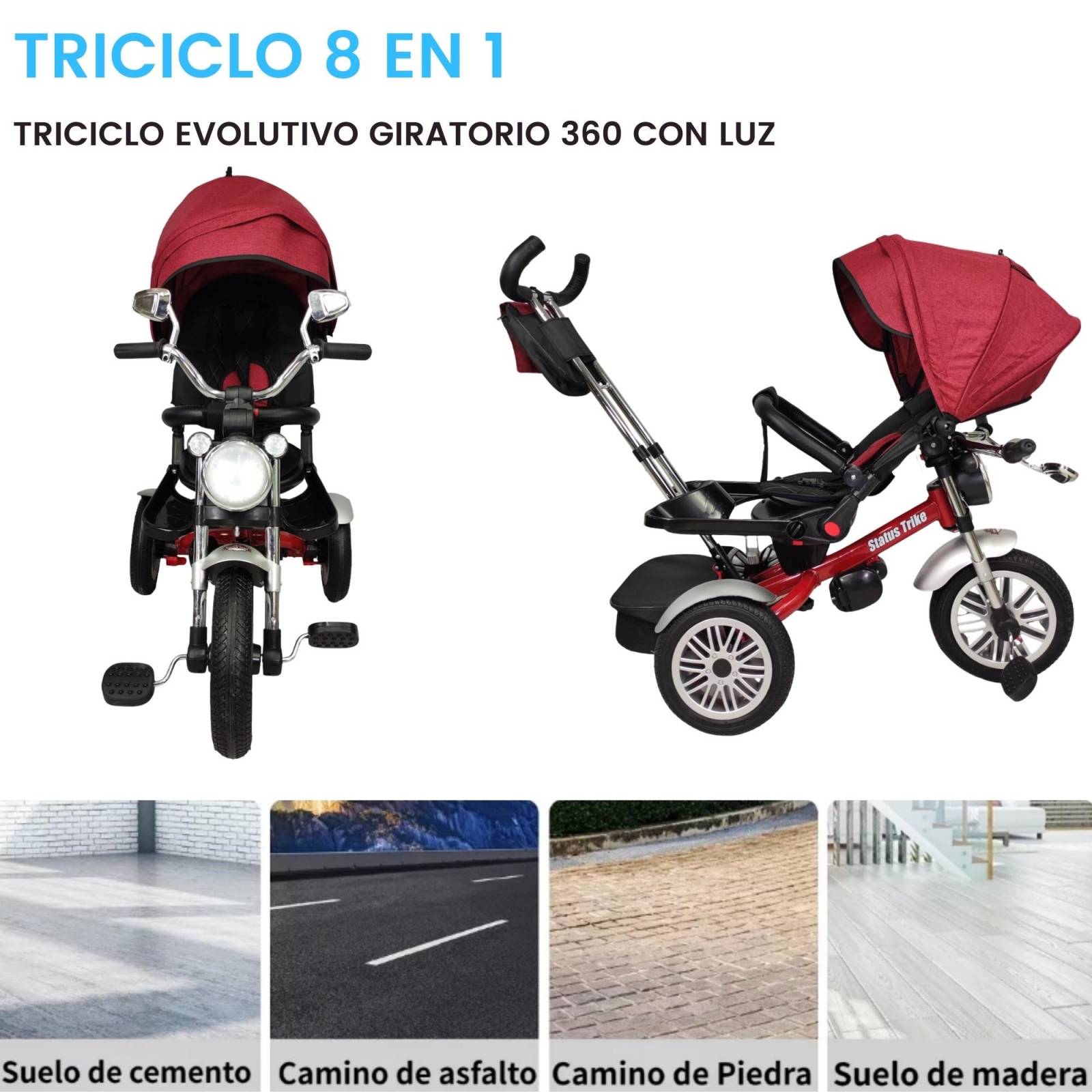 Triciclo para Niños 8en1 con Asiento Giratorio y Reclinable, sonido  - Rojo.